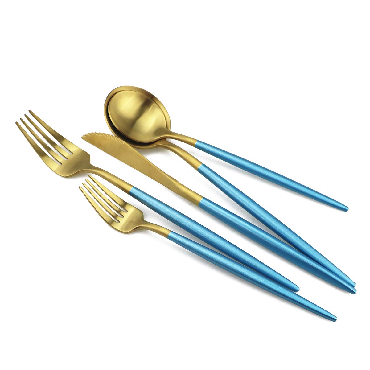 Premium 20-Piece Blue Gold Flatware Set - 18/10 Stainless Steel Cutlery with Matte Blue Handles (Forks, Spoons, Knives) - Elegant Dinnerware for 4 - Perfect for Home Dining, Camping & Travel Utensils