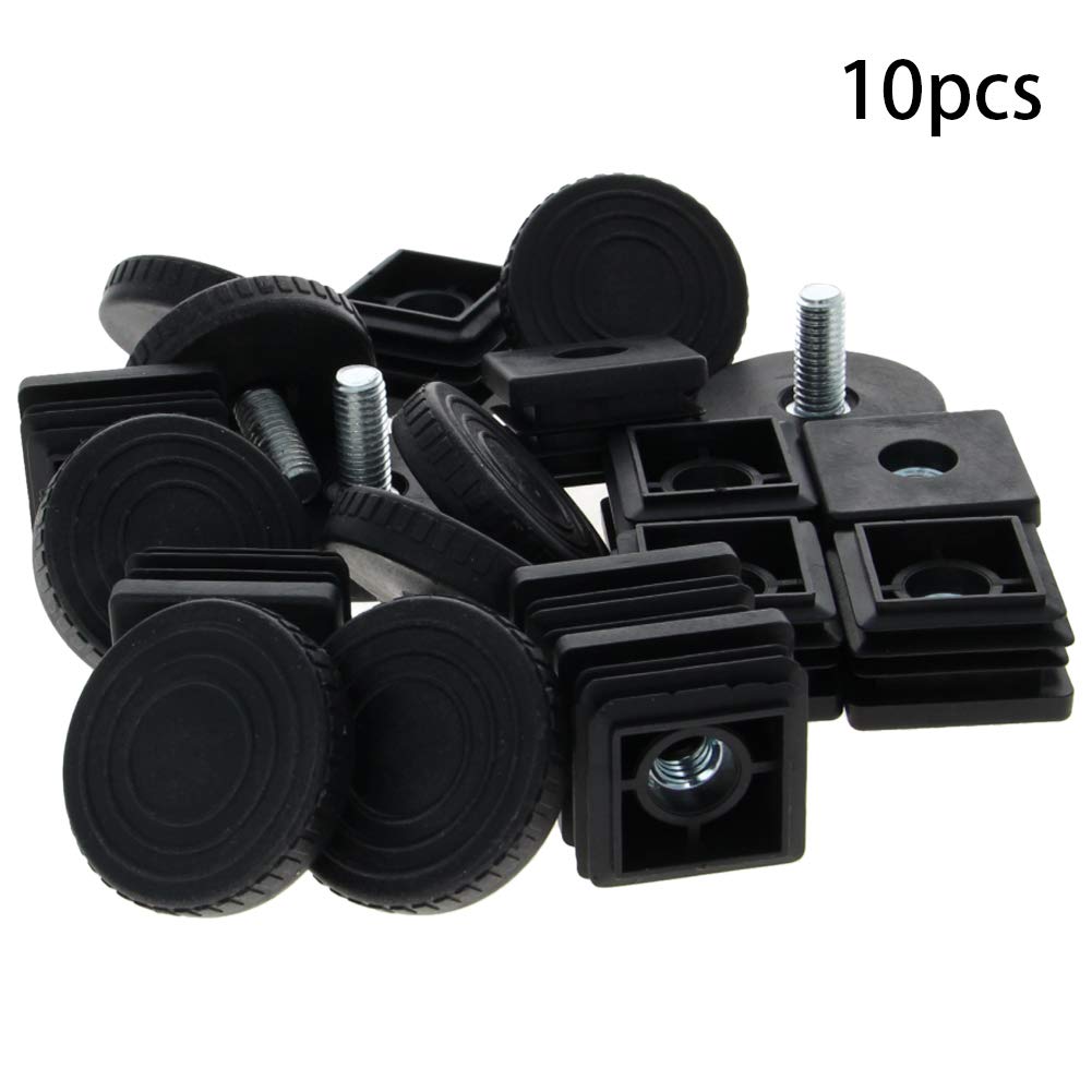 MroMax 10-Pack Adjustable Leveling Feet Kit - 30x30mm Plastic & Metal Square Tube Insert with M8 Thread - Glide Levelers for Home Office Desks, Tables & Furniture (Black) - Perfect for Uneven Floors & Wobble-Free Workstations