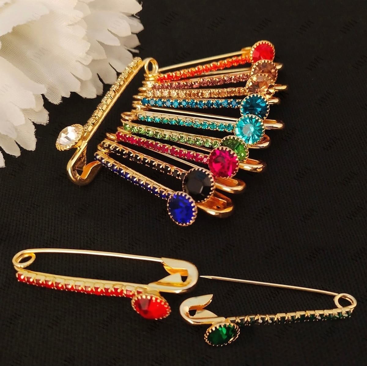 VAMA FASHIONS Golden Crystal Stone Brooch Pins for Saree, Dress, Shawl & Gown - Elegant Bridal Safety Pins for Women & Girls - Perfect for Weddings, Parties & Special Occasions