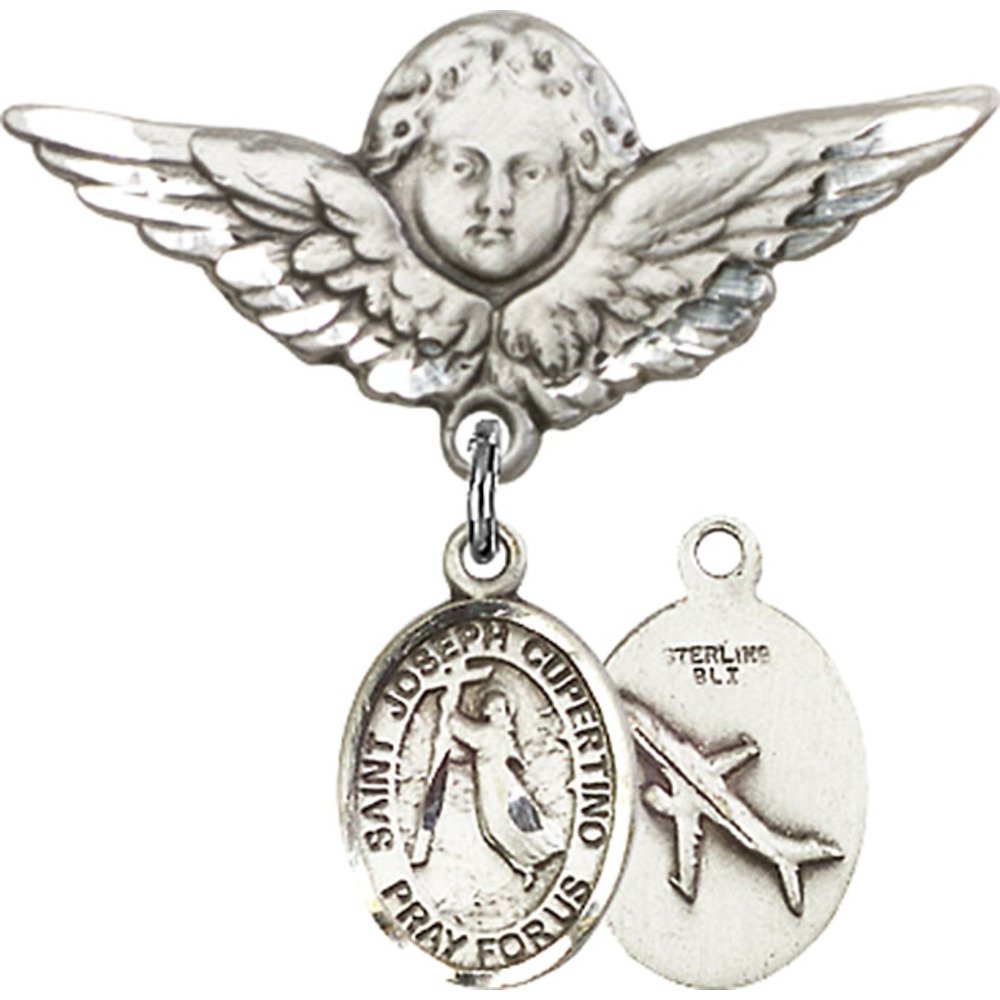 Sterling Silver Baby Badge Pin with St. Joseph of Cupertino Charm & Angel Wing Charm - Religious Jewelry for Christening, Baptism & First Communion Gifts