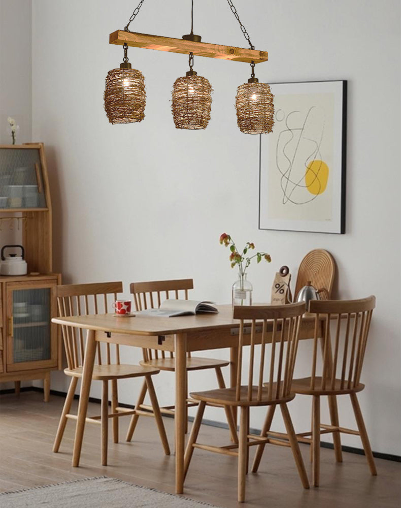 Modern Industrial Rattan Dining Room Chandelier - Farmhouse Style Ceiling Light Fixture for Kitchen, Restaurant, and Home Decor