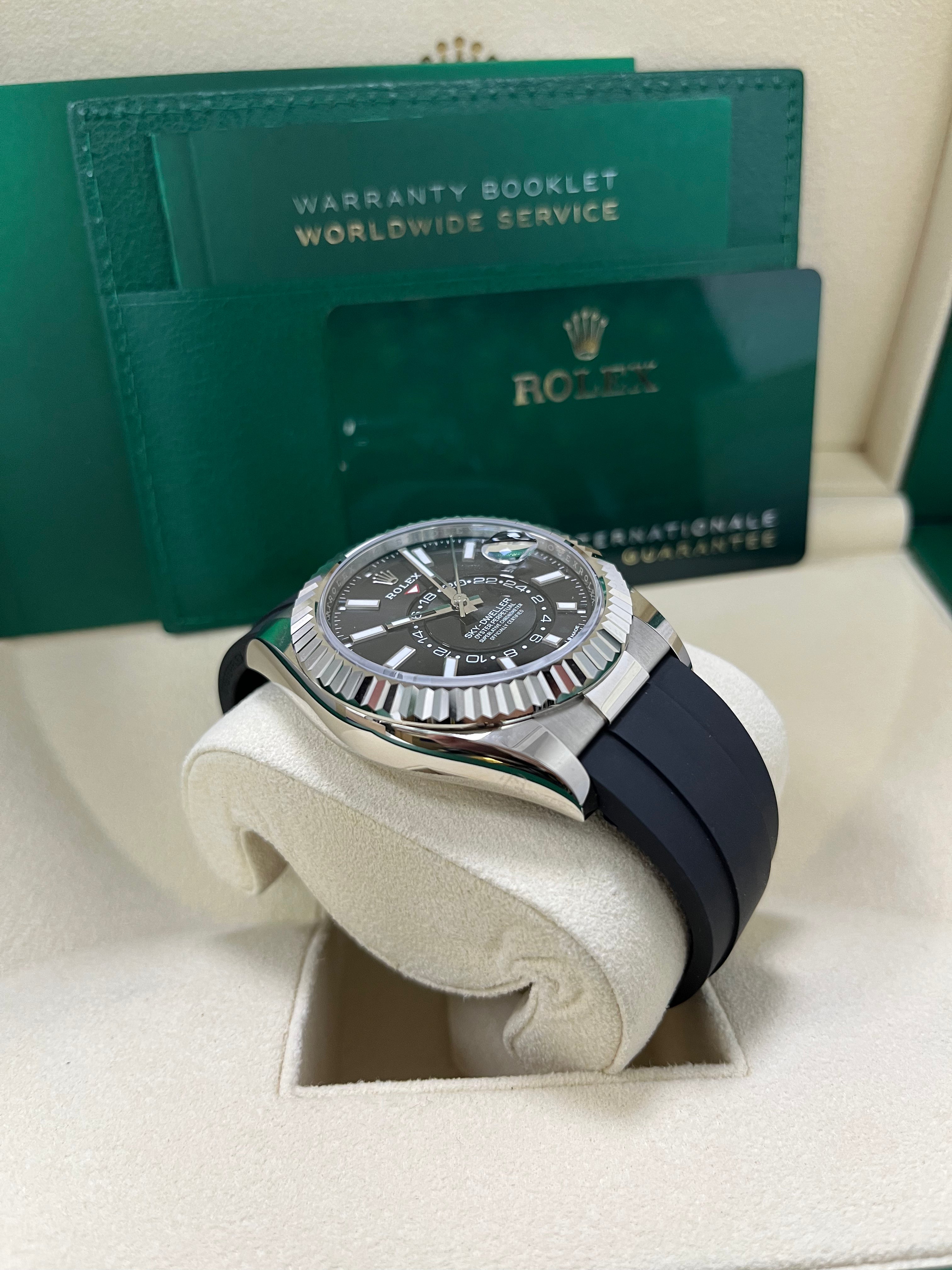 Rolex Sky-Dweller 42mm White Gold Watch with Fluted Bezel, Black Index Dial & Oysterflex Strap Ref. 336239 - Luxury GMT Master for Travel & Business Professionals