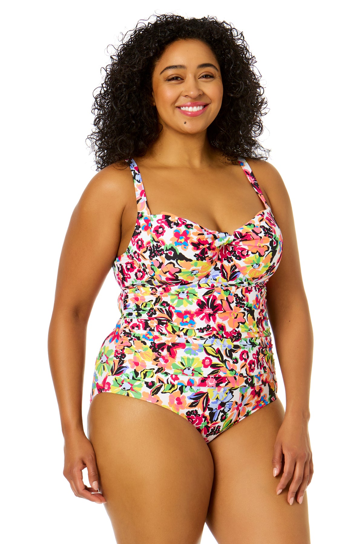 Plus Size Women's Retro Twist Front Shirred One Piece Swimsuit with Sun Blossom Print - Flattering Swimwear for Beach, Pool & Summer Vacations