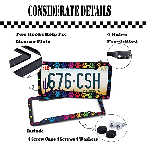 2PC Rainbow Paws License Plate Frames - Printed Car Plates with 4 Holes & Screws for Animal Lovers - Perfect for Pet Owners, Car Enthusiasts & Gift Giving