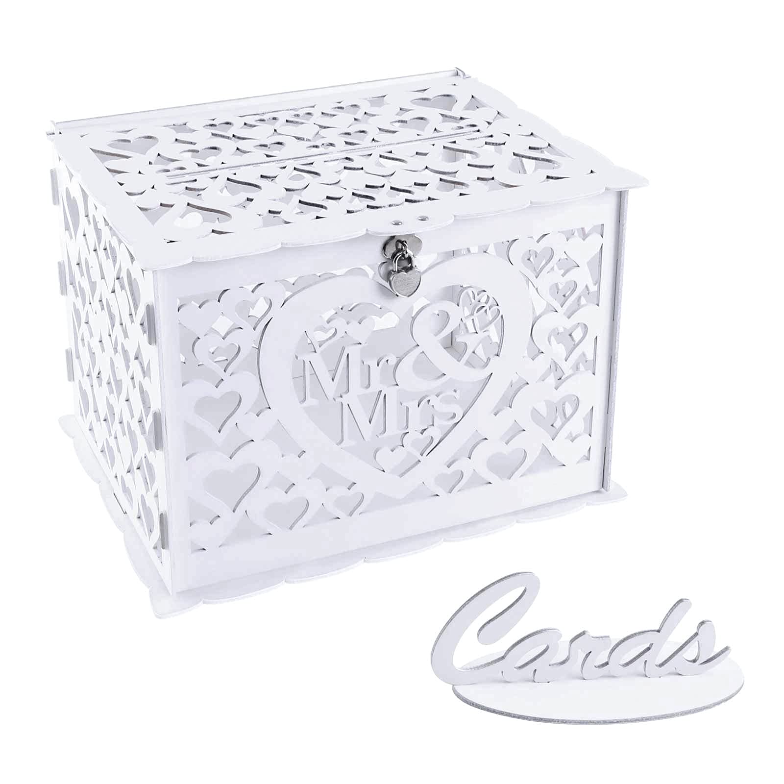 Benjia Rustic Wooden Wedding Gift Card Holder with Lock & Slot - Large Money Envelope Box for Reception, Anniversary & Birthday Parties (Mr & Mrs Style, White) | Perfect for Wedding Favors, Bridal Showers & Special Occasion Gift Collections