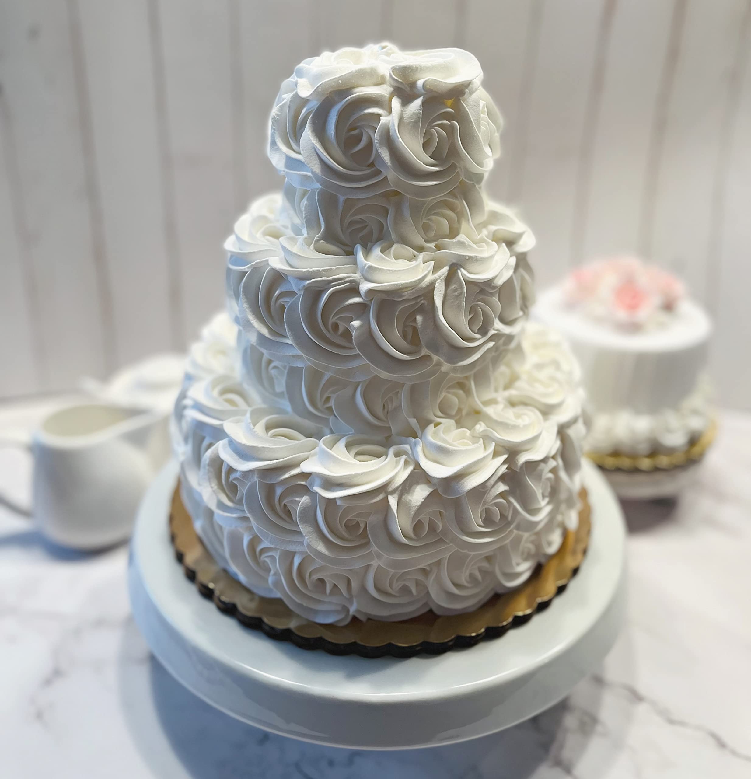 Dezicakes Handmade 3-Tier Fake Wedding Cake with White Rosette - Artificial Cake for Wedding Decor, Photo Props & Party Centerpieces