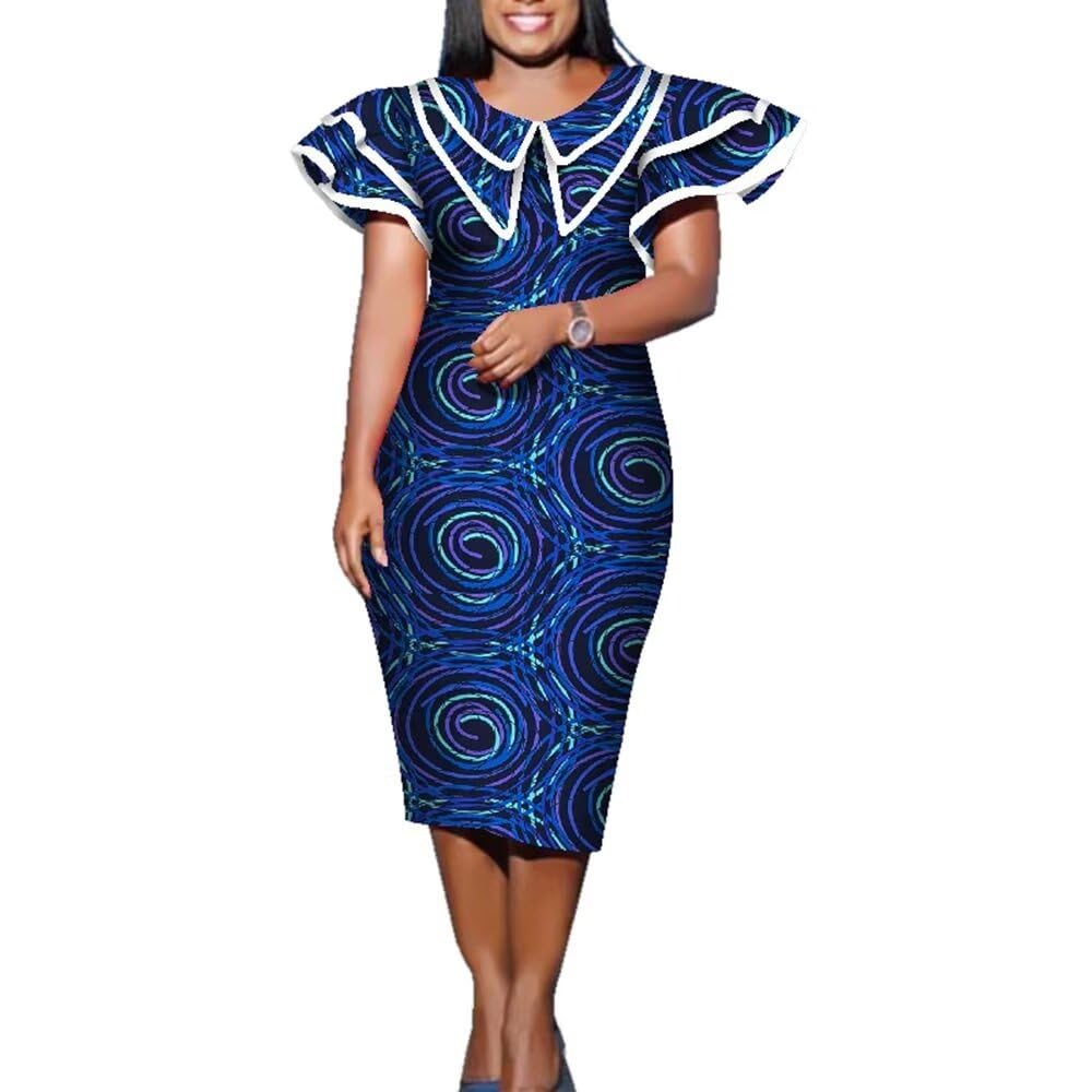 Elegant African Bazin Riche Print Midi Dress for Women - Stylish Mid-Calf Length Lady Dress for Parties, Weddings & Special Occasions