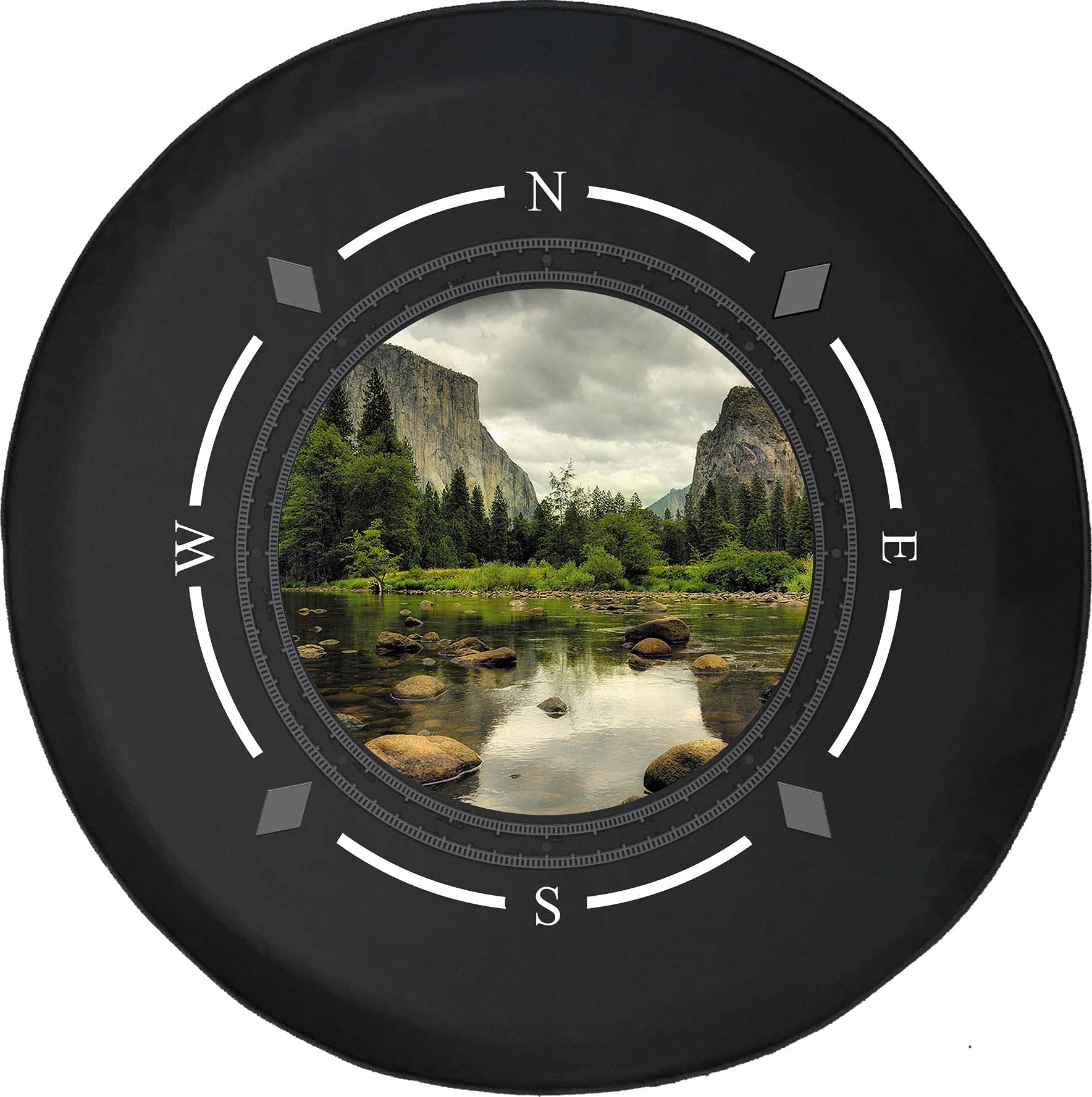 American Unlimited Spare Tire Cover with Compass Design - Heavy Duty Mountain Base & Stoney River Bed Pattern - Universal Fit for SUV, Trailer, RV Wheel Covers - Durable Off-Road Accessories for Adventure Vehicles (Perfect for Camping, Overlanding & Outdoor Exploration)