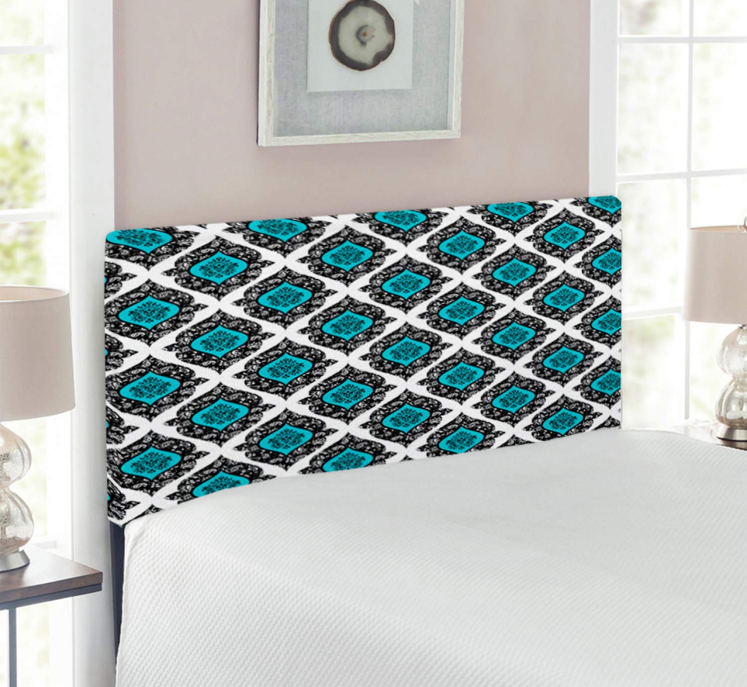 Ambesonne Floral Upholstered Headboard - Baroque Victorian Style Metal Bed Frame with Memory Foam, Twin Size in Black Aqua White - Perfect for Master Bedroom, Guest Room & Vintage Home Decor