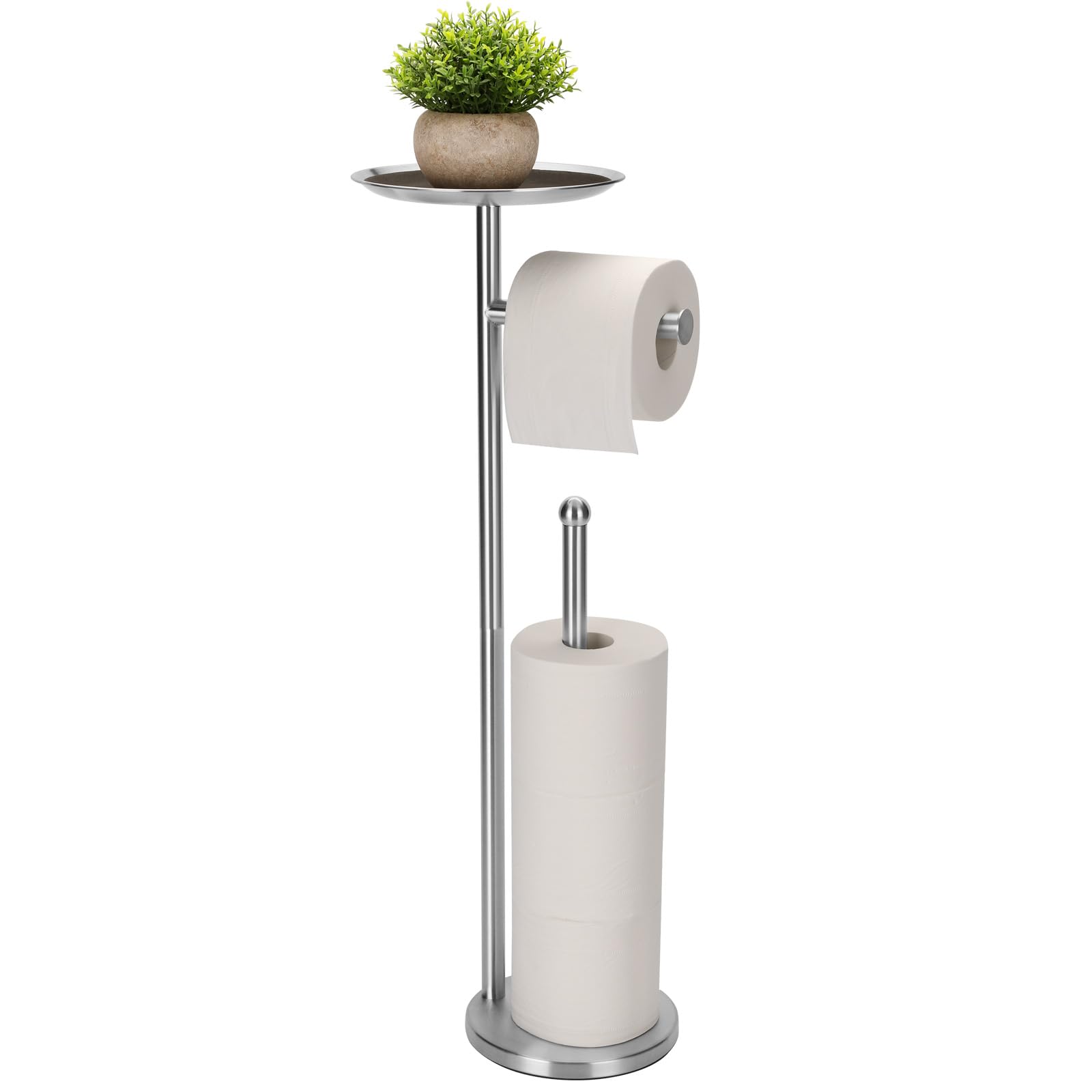 Freestanding Toilet Paper Holder with Large Shelf - 4 Roll Storage Stand, Modern Bathroom Organizer with Phone Storage Space (Brushed Nickel) - Perfect for Bathrooms, Powder Rooms & RVs
