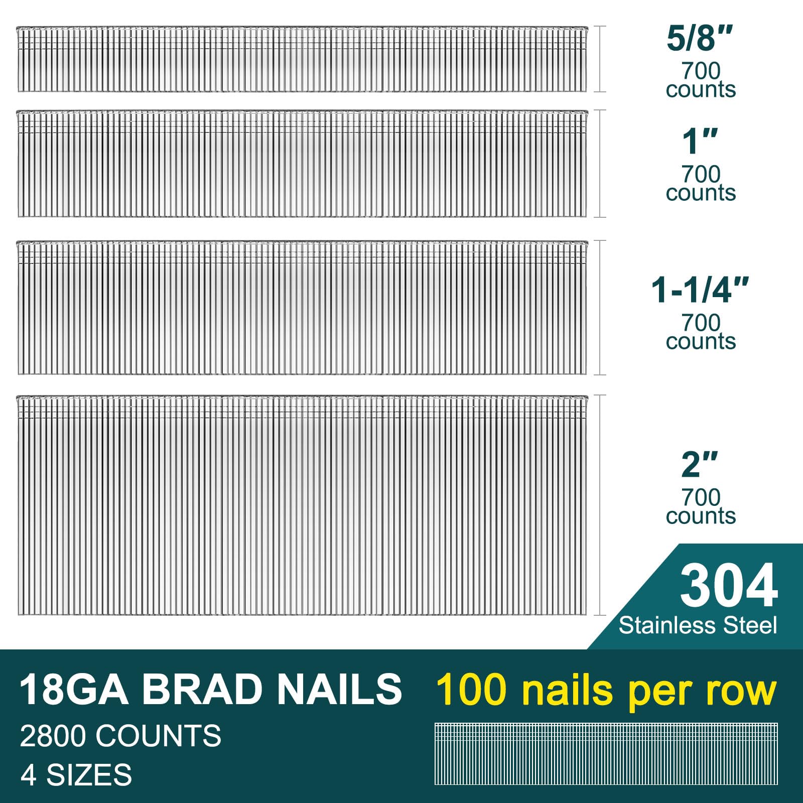 18 Gauge Brad Nails 304 Stainless Steel - 1,000 Pcs 18GA Nail Gun Nails for Pneumatic & Electric Brad Nailers - Assorted Sizes (5/8