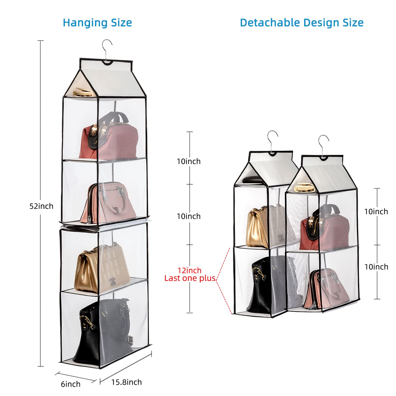 4-Tier Mesh Hanging Purse Organizer for Closet - Space-Saving Handbag Storage Bag with Durable Shelves (White, 2-Pack) - Perfect for Bedroom, Walk-in Closet & Dorm Organization