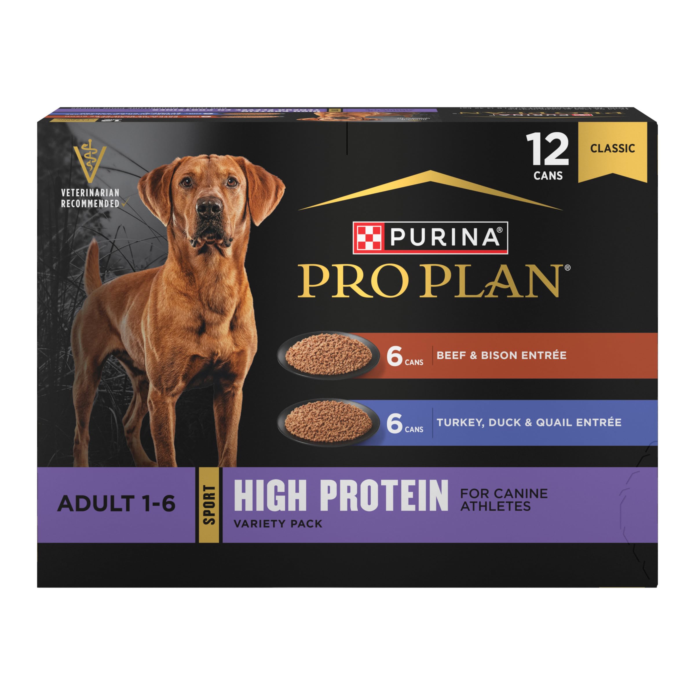 Purina Pro Plan Sport High Protein Wet Dog Food - Beef & Bison Entrée + Turkey, Duck & Quail Variety Pack (12 x 13oz Cans) for Active Dogs - Perfect for Training, Hiking & Outdoor Adventures
