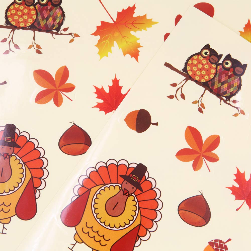 Set of 2 Fall Window Clings - Autumn Leaves, Acorns, Owls, Turkeys & Squirrels Decals for Thanksgiving Home Decor | Seasonal Window Stickers for Glass Doors, Windows & Office Decorations
