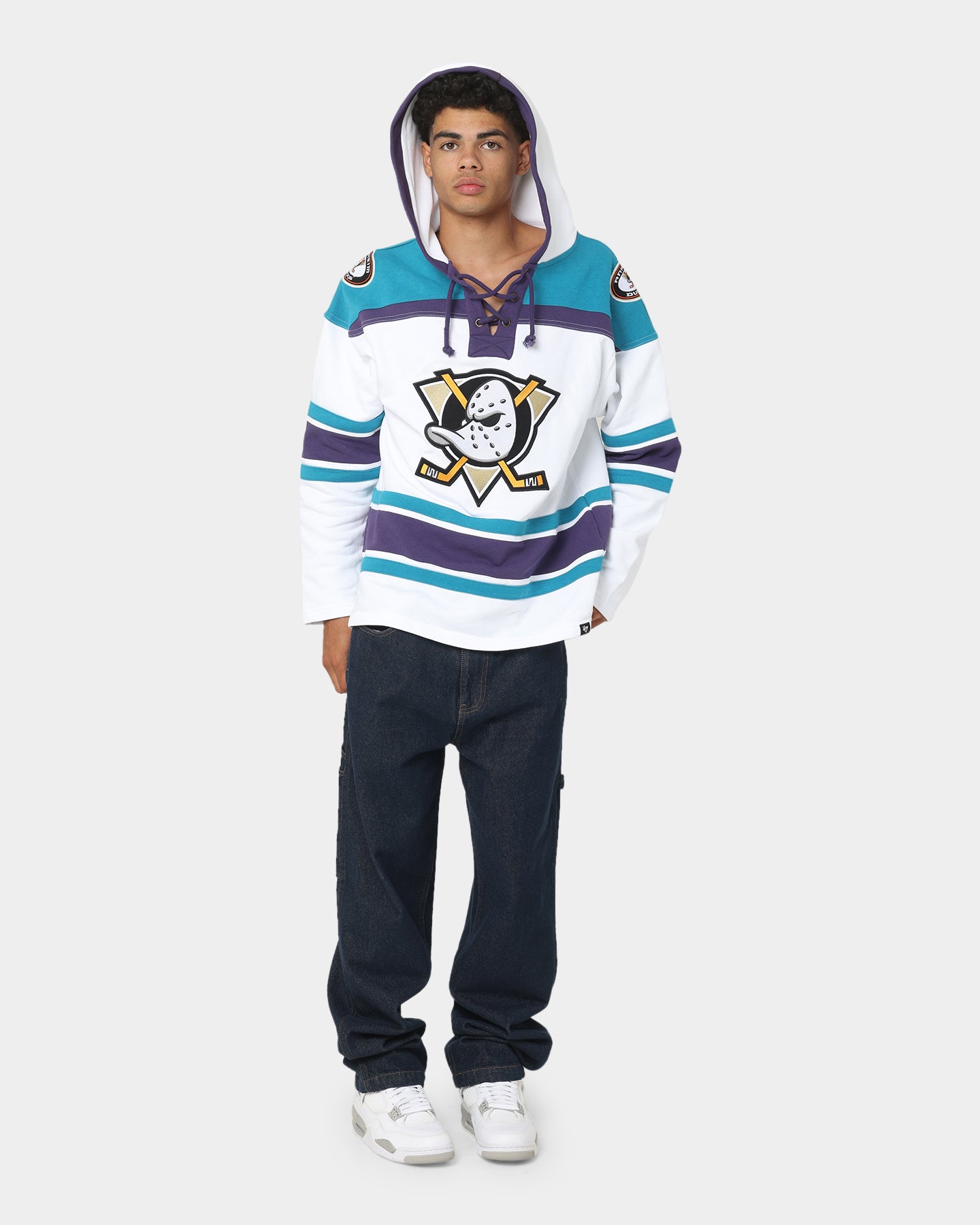47 Brand Anaheim Ducks Superior Lacer Hoodie - White Wash NHL Hockey Fan Apparel for Men & Women - Perfect for Game Day, Tailgating and Cold Weather