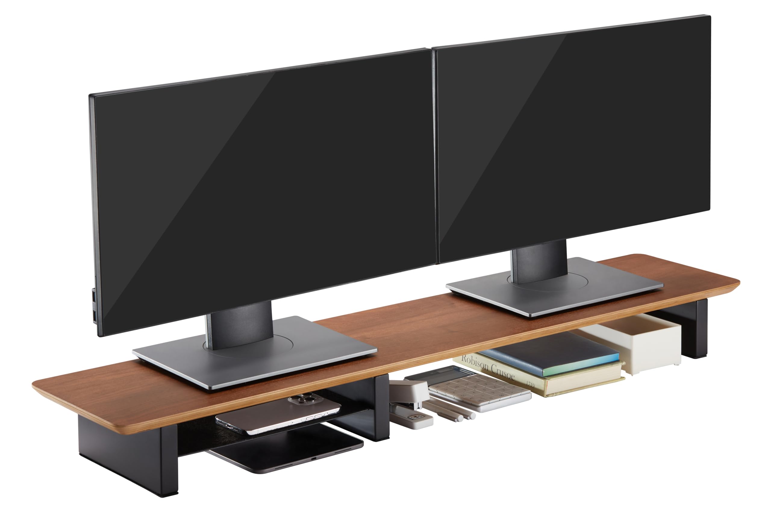 XL 44 Inch Walnut Wood Monitor Stand for Desk - Large Dual Monitor Riser with Desk Shelf, Solid Wood Computer Monitor Stand for Home & Office Workspace