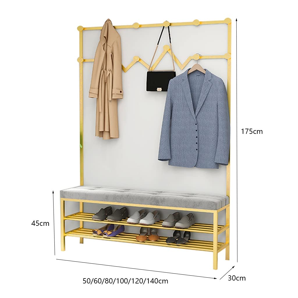 3-in-1 Hall Tree Coat Rack with Shoe Bench & Storage Shelf - Wrought Iron Entryway Organizer with Hooks (Gold, 120x30x175cm) - Perfect for Small Spaces, Apartments & Mudroom Organization - Easy Assembly Home Decor