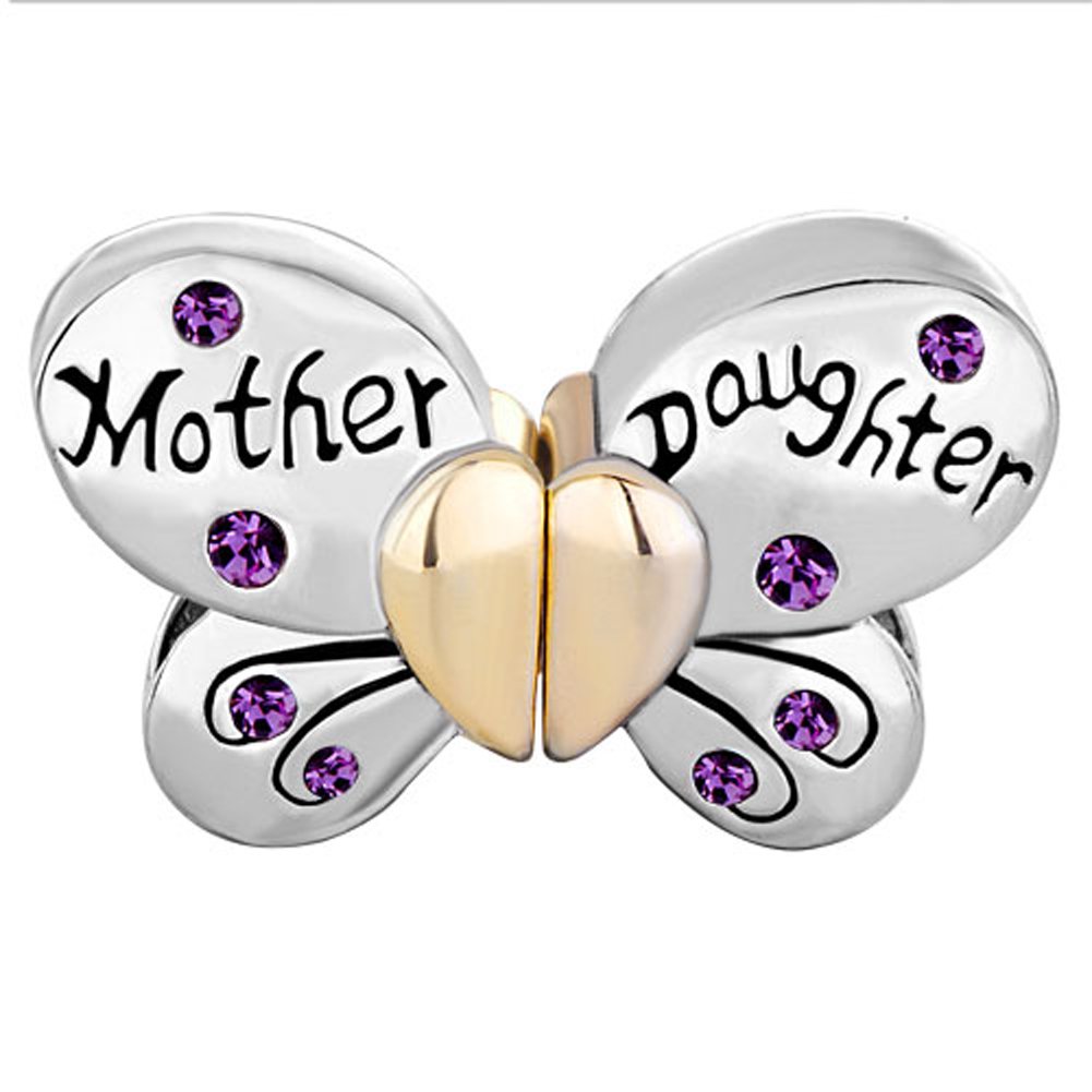 Butterfly Crystal Heart Charm - February Birthstone Beads for Pandora Bracelets, Mother Daughter Jewelry Gift for Valentine's Day & Special Occasions