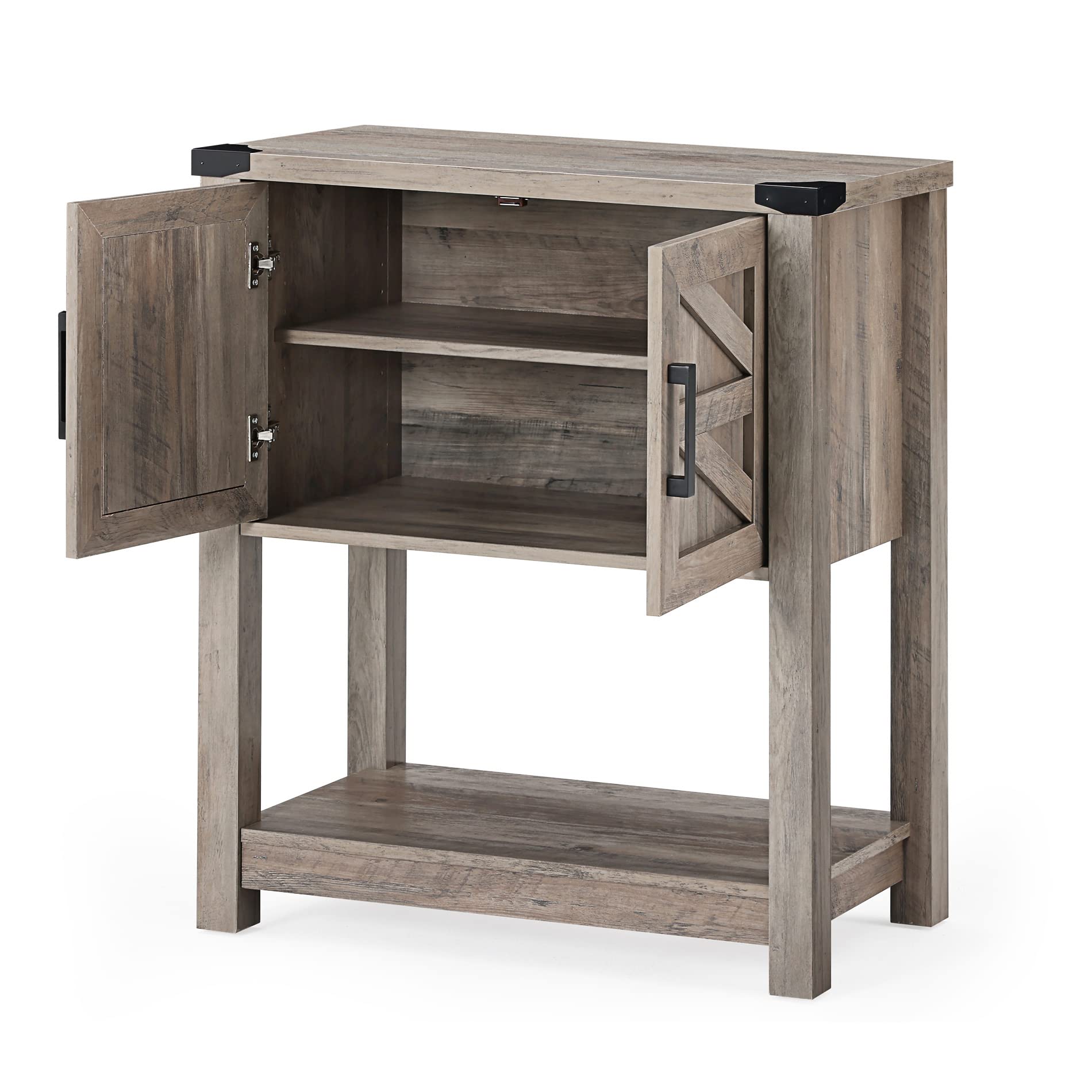 WAMPAT Farmhouse Wood Sideboard Cabinet with Open Storage - Adjustable Shelves & Magnetic Door Catch for Kitchen, Living Room - Rustic Grey Wash Finish | Perfect for Dining Room Storage & Home Decor