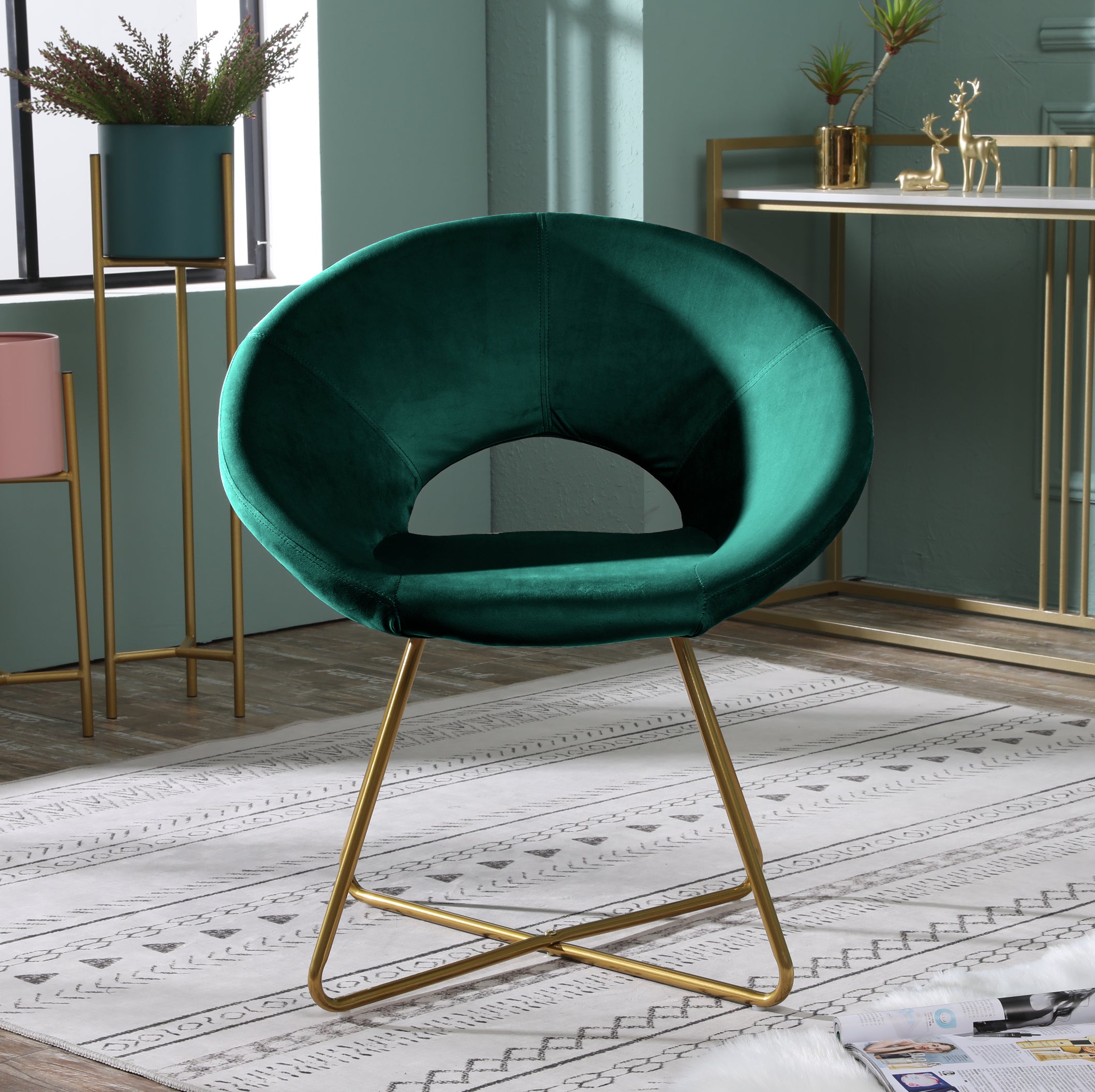Roundhill Furniture Slatina Silky Velvet Upholstered Accent Chair - Green Velvet with Gold Tone Metal Base - Modern Living Room, Bedroom, or Office Seating