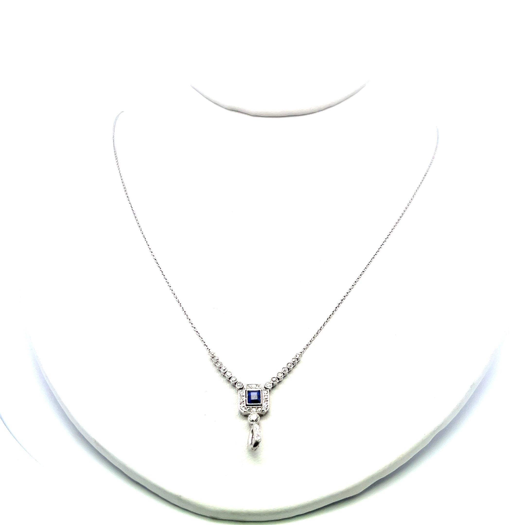 0.43 Carat Old European Cut Diamond & 0.25 Carat Sapphire Platinum Pendant Necklace - Vintage Jewelry for Weddings, Anniversaries & Special Occasions