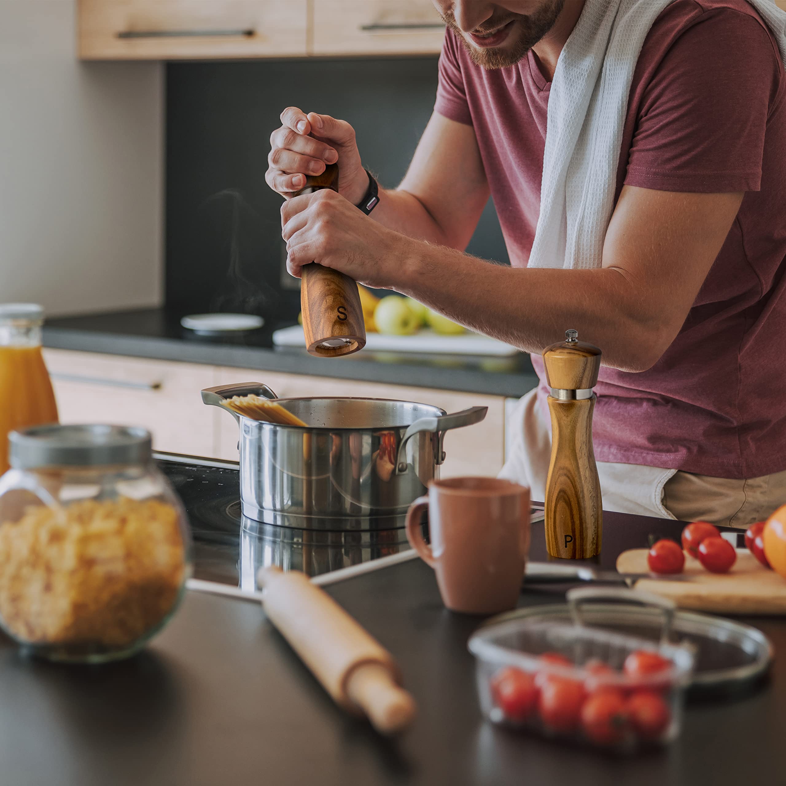 Premium Acacia Wood Salt and Pepper Grinder Set - Refillable Adjustable Coarseness, Ceramic & Stainless Steel Core, 8 Inch Kitchen Essentials for Gourmet Cooking, Dining Table & Gift Giving