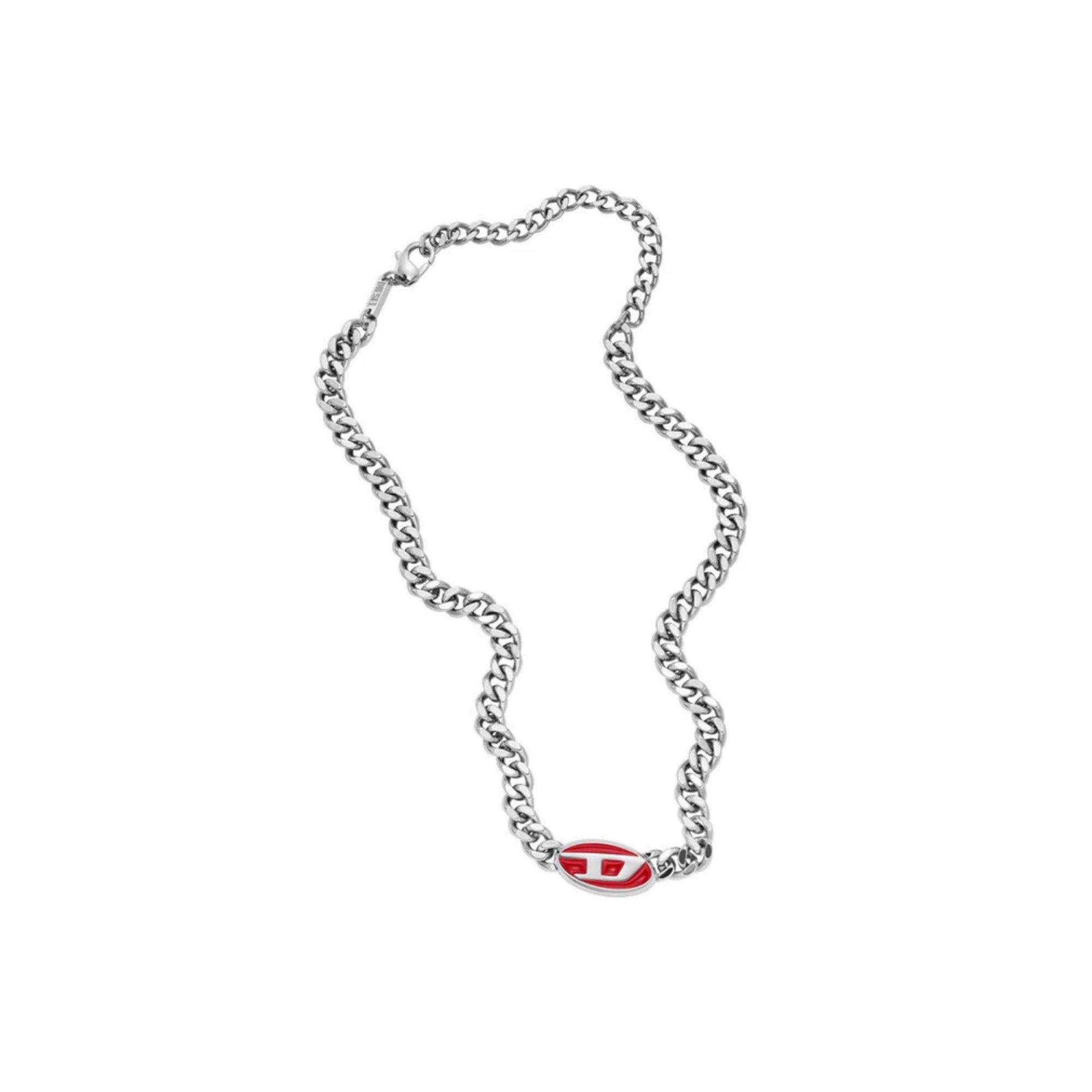 Diesel Red Enamel Chain Necklace for Men & Women - Silver Stainless Steel Punk Rock Jewelry - Perfect for Concerts, Parties & Everyday Wear
