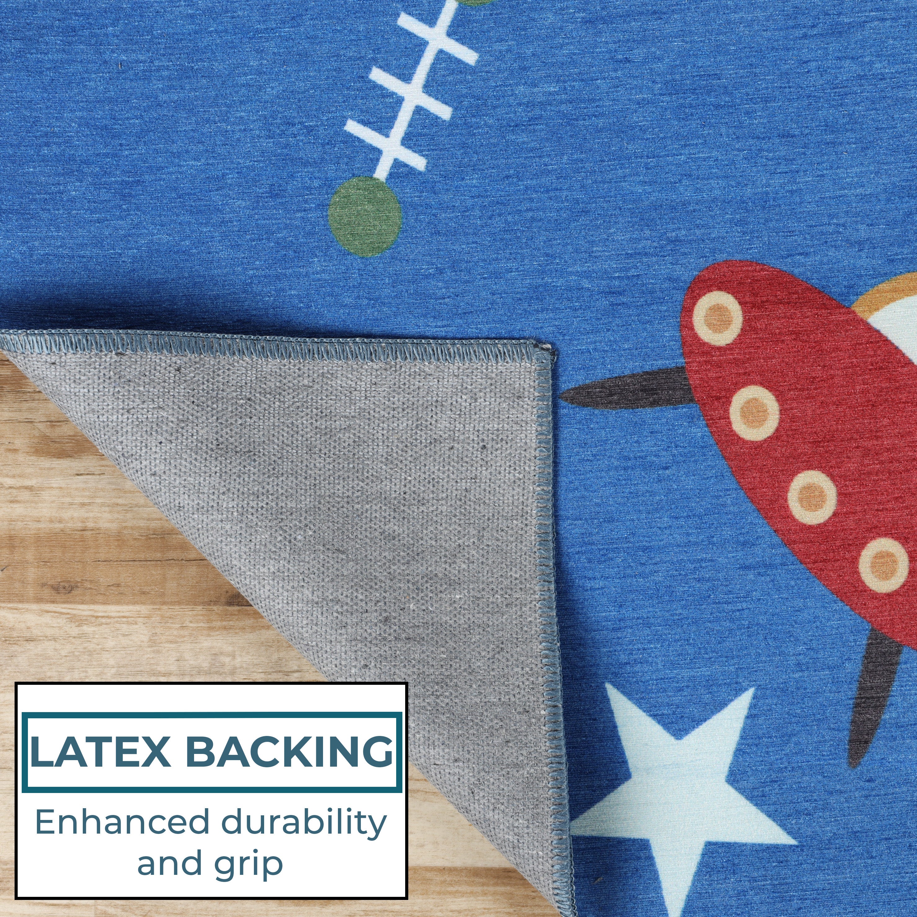 Non-Slip Lil' Flyer Spaceship Kids Playroom Rug - Washable Indoor Area Carpet for Toddler Safe Floor Play | Perfect for Nursery, Daycare & Children's Bedroom Decor