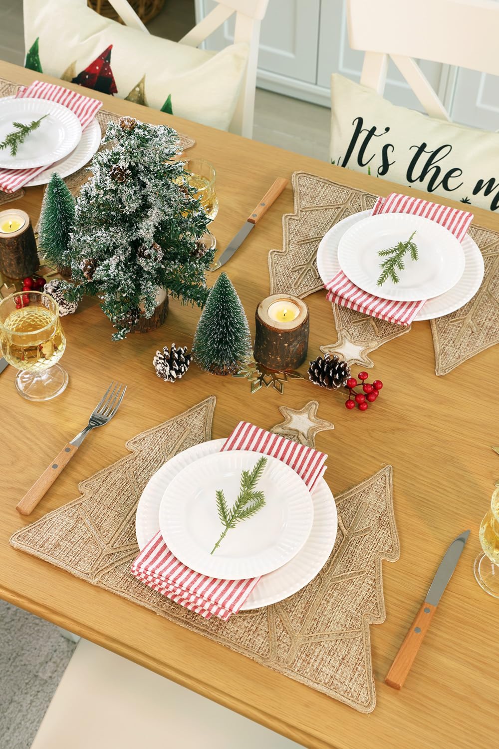 Farmhouse Burlap Winter Placemats Set of 4 - Christmas Tree Holiday Table Decor for Dining Room, Kitchen & Seasonal Home Decor
