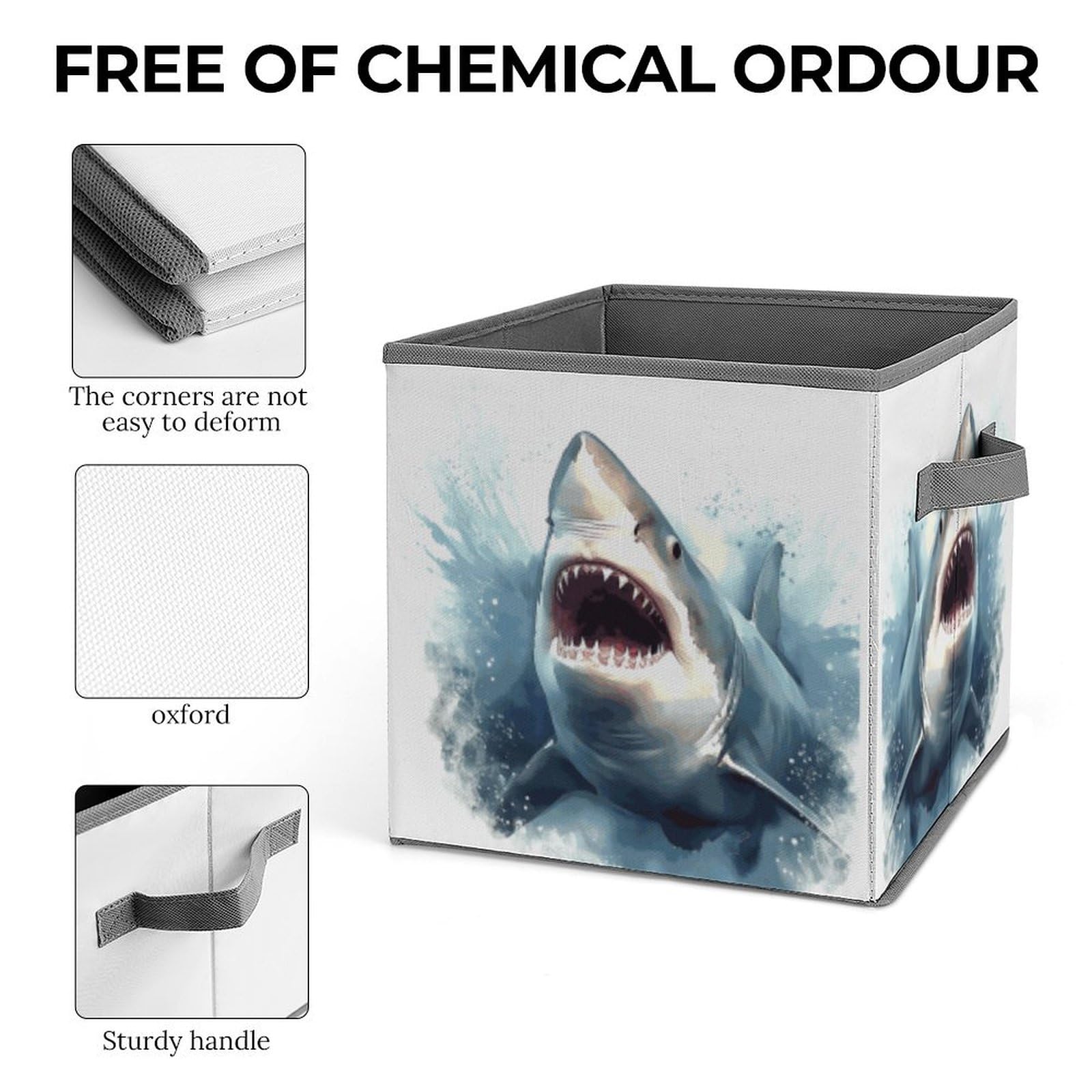 Collapsible Storage Cubes with Handles - 10.6×10.6 Inch Foldable Organizer Bins | Shark in The Sea Printed Fabric Baskets for Home, Office & Kids Room Organization