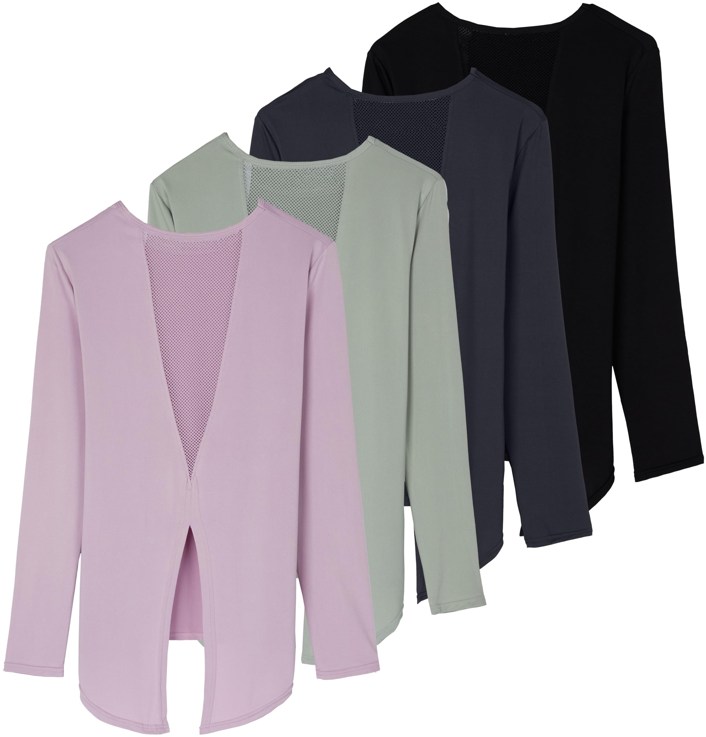 Real Essentials 4 Pack Women's Dry-Fit Long Sleeve Tie Back Athletic Workout T-Shirts - Moisture Wicking Yoga Running Gym Tees - Plus Size Available - Perfect for Yoga, Running & Gym Workouts