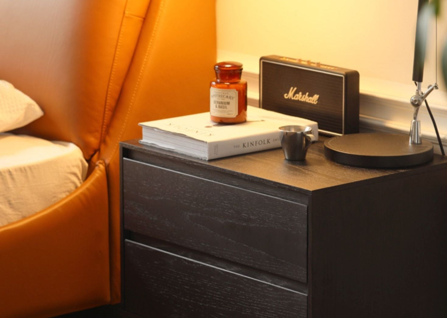 Solid Oak Wood Nightstand in Smoke Finish - Modern Bedside Table for Bedroom, Living Room, or Office