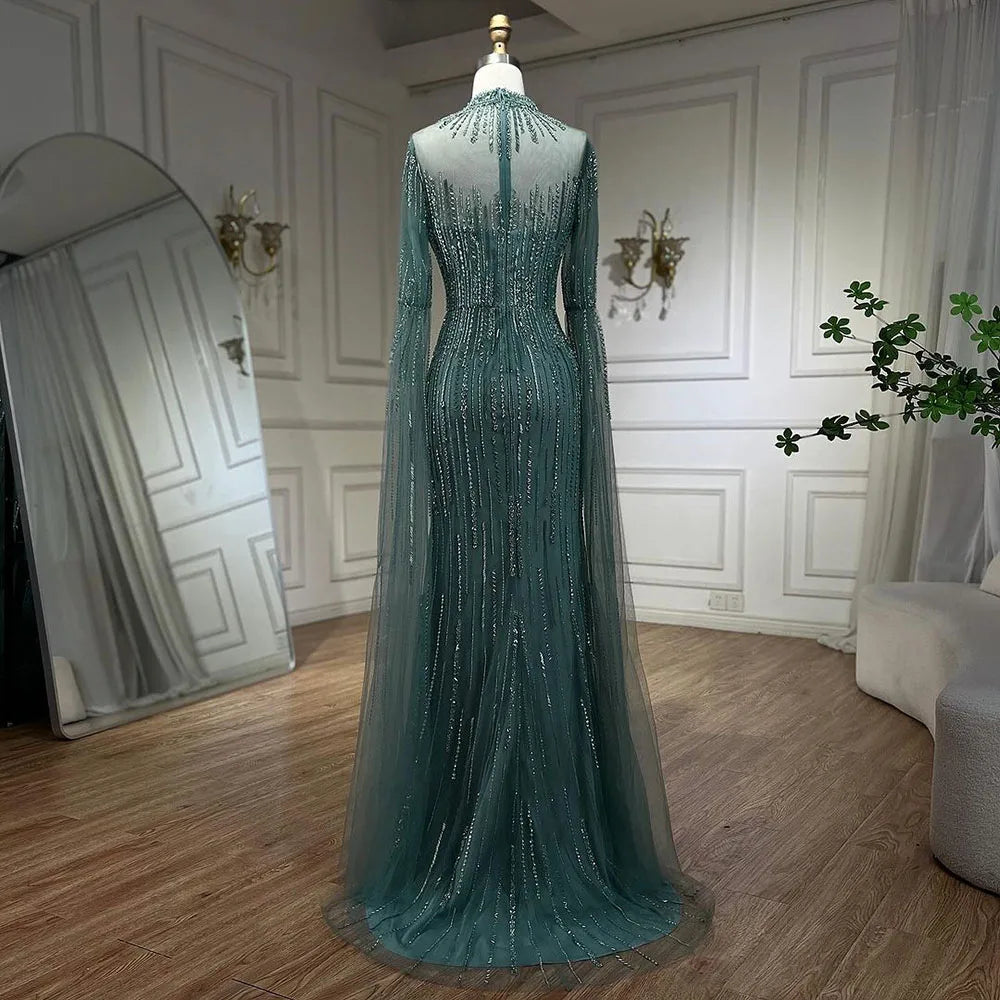 Elegant Arabic Turquoise Mermaid Evening Gown with Cape Sleeves & Beaded Split Design for Women - Perfect for Weddings, Parties & Special Occasions 2025 | LA72381