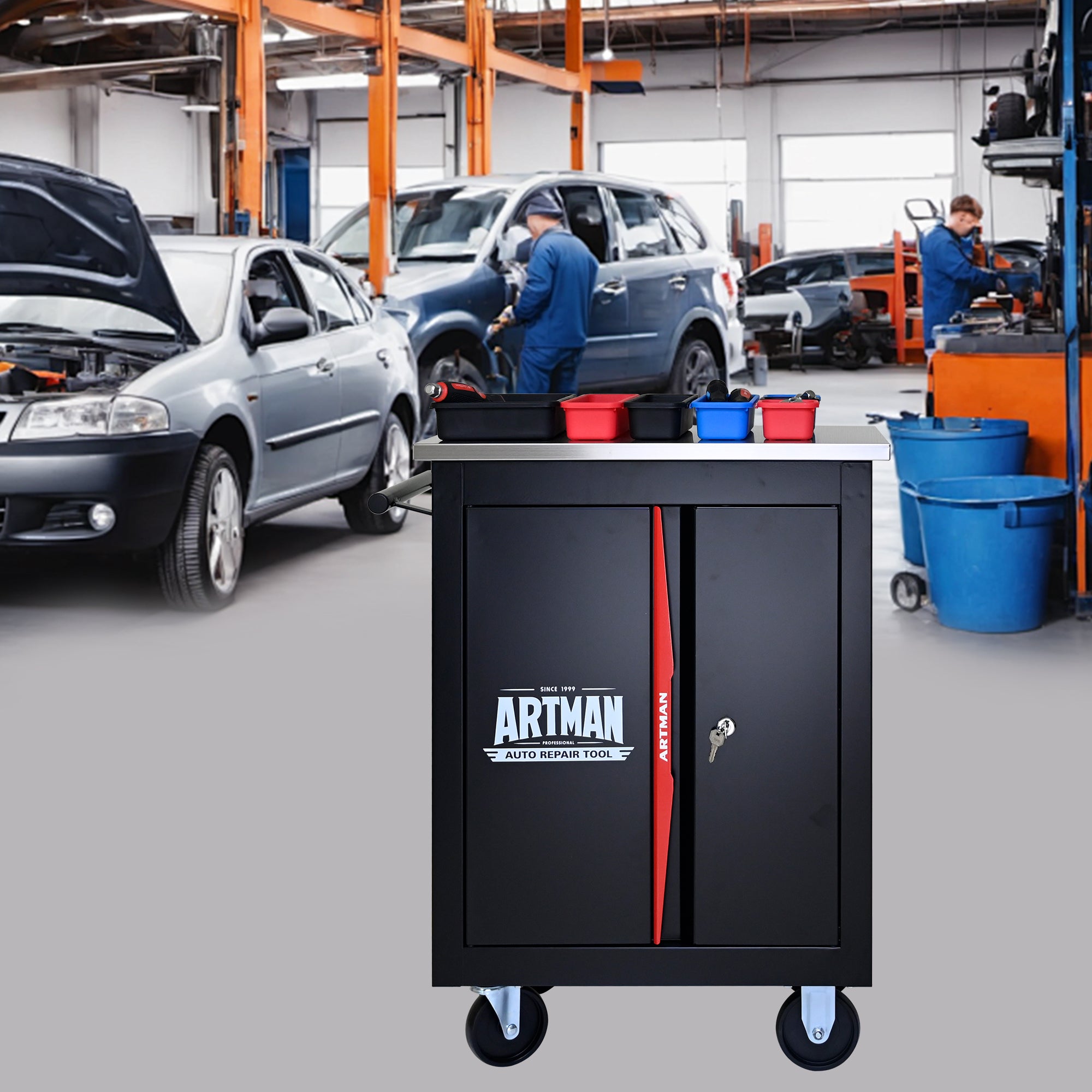 Double Door Clapboard Multi-Function Tool Cart - Black & Red | Heavy Duty Rolling Utility Cart for Workshop, Garage & Home Organization