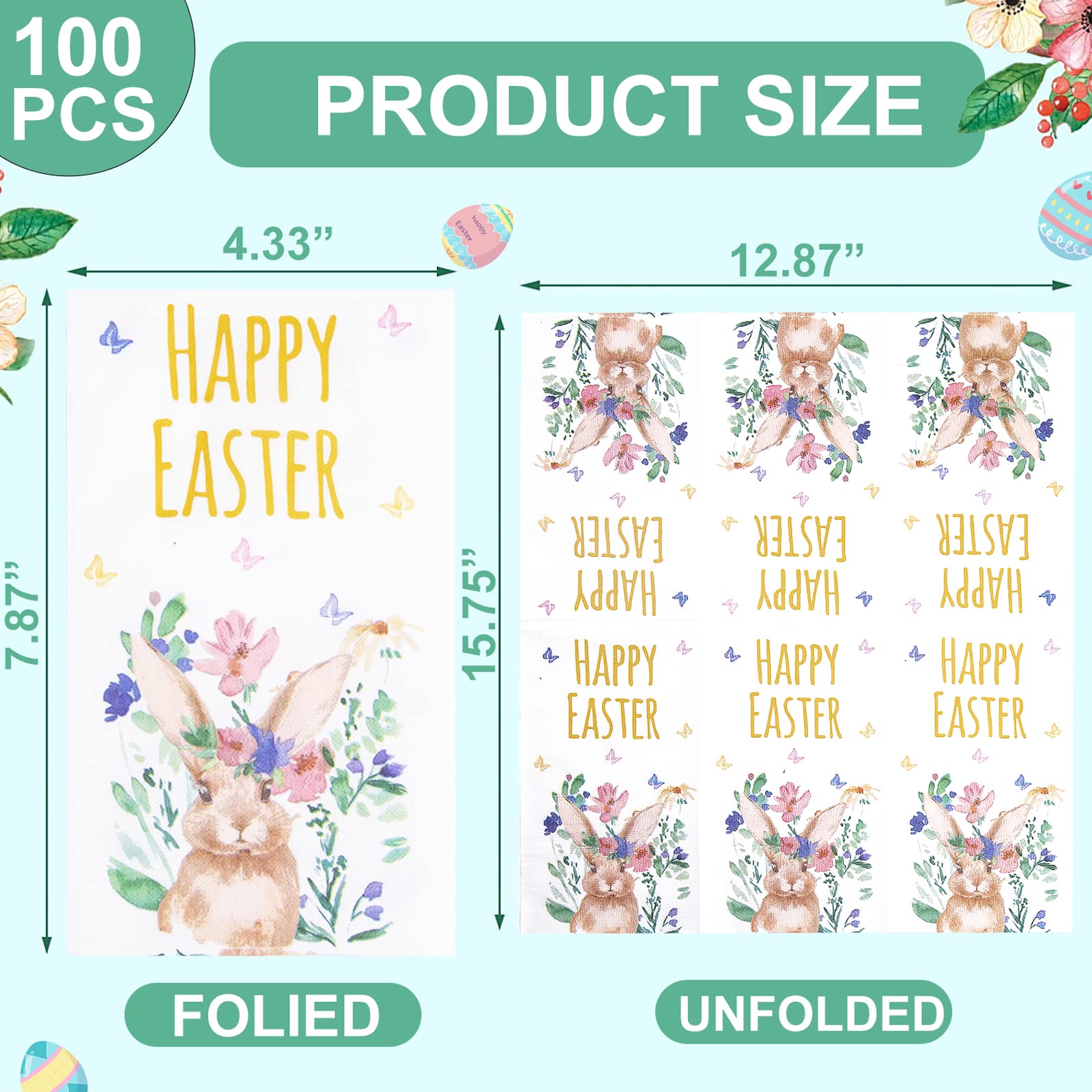 BUCLA 100-Count 3-Ply Easter Bunny Paper Napkins - Premium Disposable Soft & Absorbent Napkins for Easter Parties, Weddings, Cocktail Beverages & Holiday Celebrations - Bunny Themed Tableware for Festive Gatherings
