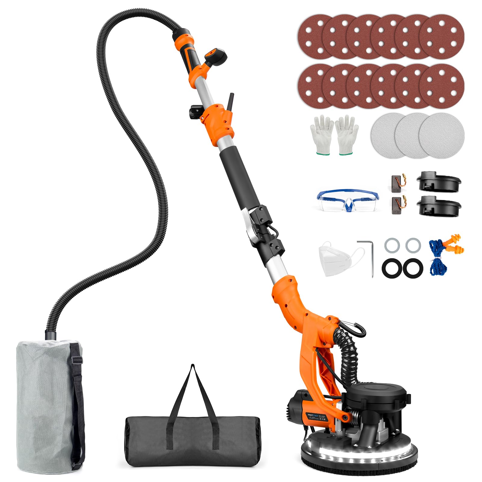 1000W Automatic Drywall Sander with Vacuum Dust Collection - Popcorn Ceiling Removal Tool, LED Light, 6-Speed Adjustable (800-2200RPM), Includes 15 Sanding Discs & Foldable Extendable Handle - Perfect for Home Renovation, Wall Repair, and DIY Projects