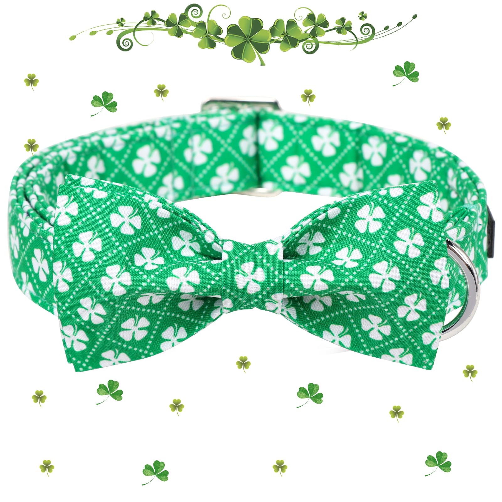 St. Patrick's Day Dog Collar with Adjustable Bow Tie - Irish Clover Shamrock Design in Verdant Green Checkered Pattern for Small, Medium & Large Dogs - Perfect for Puppy, Pet Costume Parties & St. Patrick's Day Celebrations