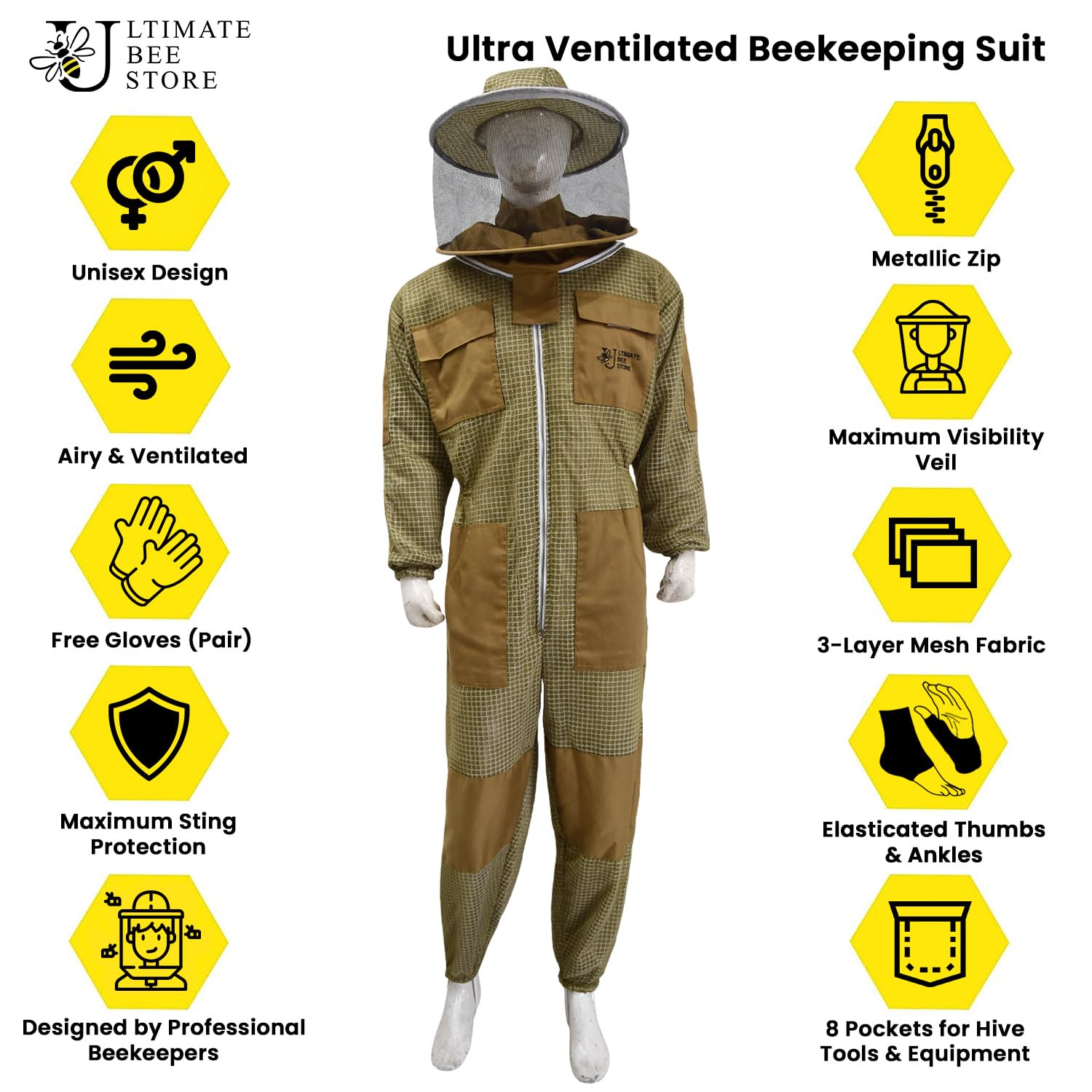 Premium 3-Layer Ventilated Beekeeping Suit for Men & Women - Beekeeper Protective Gear with Gloves | Ideal for Honey Harvesting & Hive Inspection