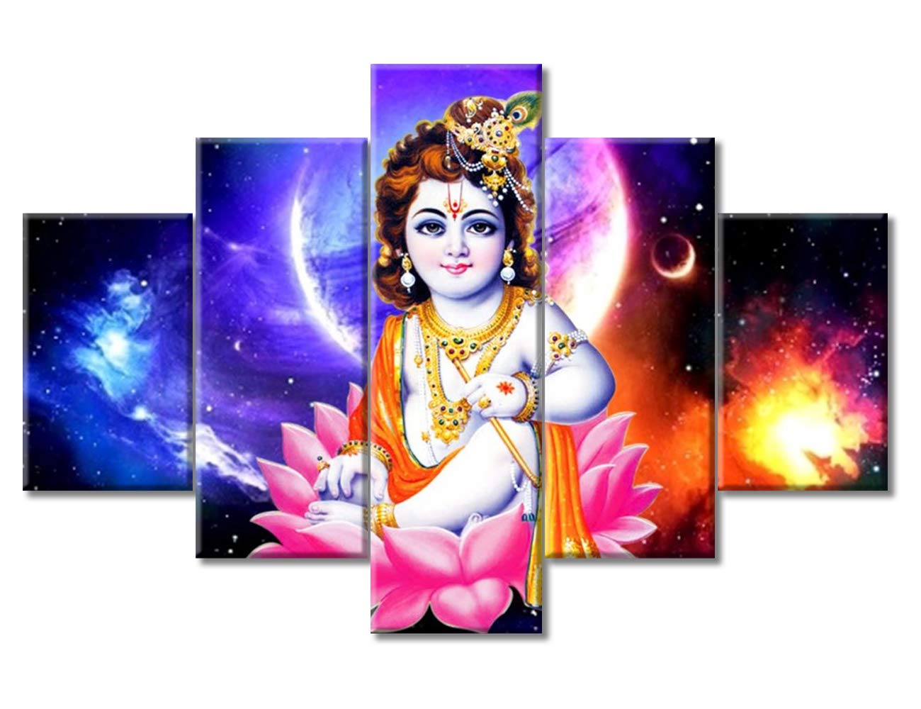TUMOVO Indian Home Decor - Lord Krishna Wall Paintings Hindu Wall Art Set of 5 Framed Canvas Prints (60