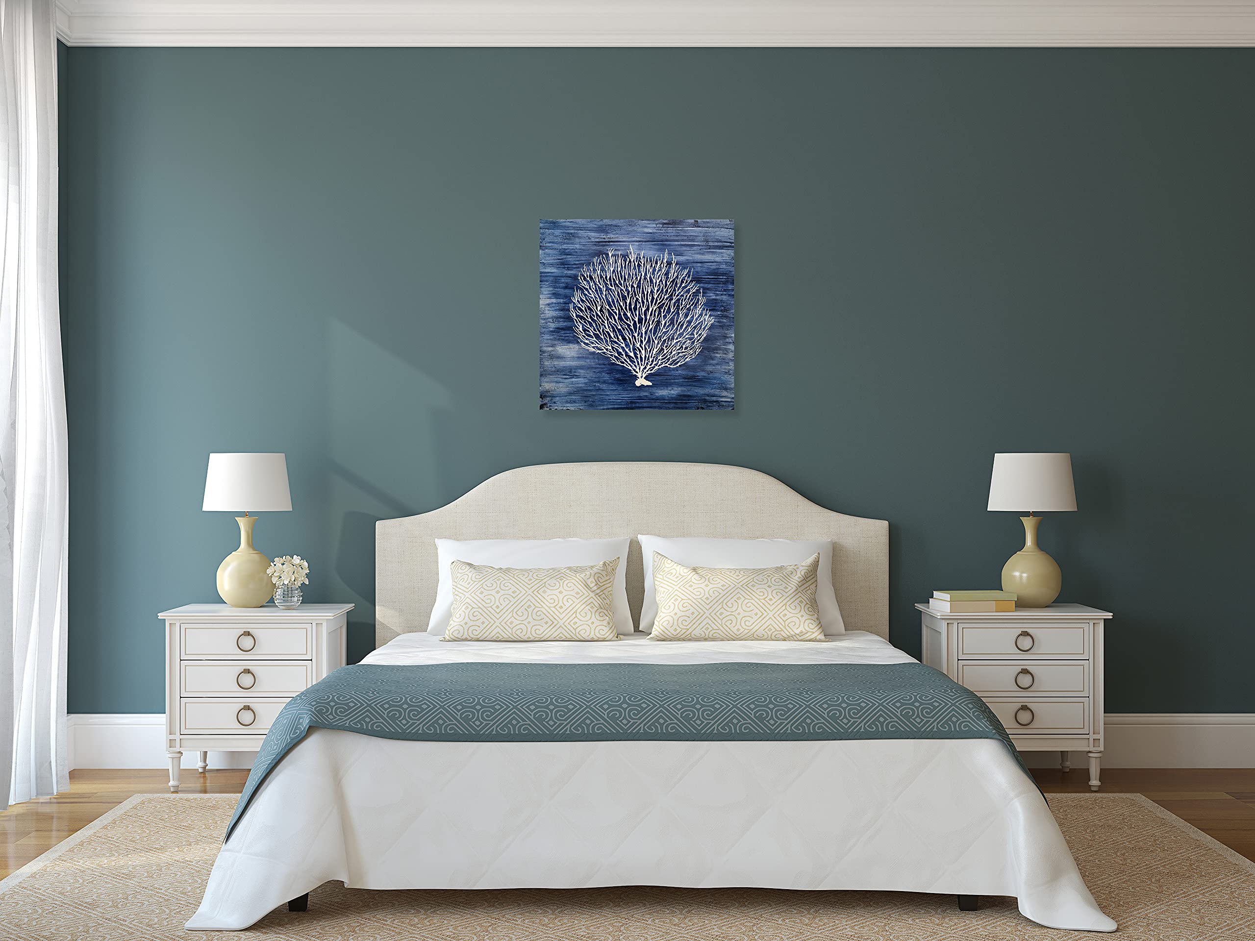 Hand Painted Navy Blue Canvas Wall Art - White Coral Abstract Tree Painting | Coastal Modern Artwork for Bedroom, Living Room & Bathroom Decor | Perfect for Beach House, Office & Spa Interior Design