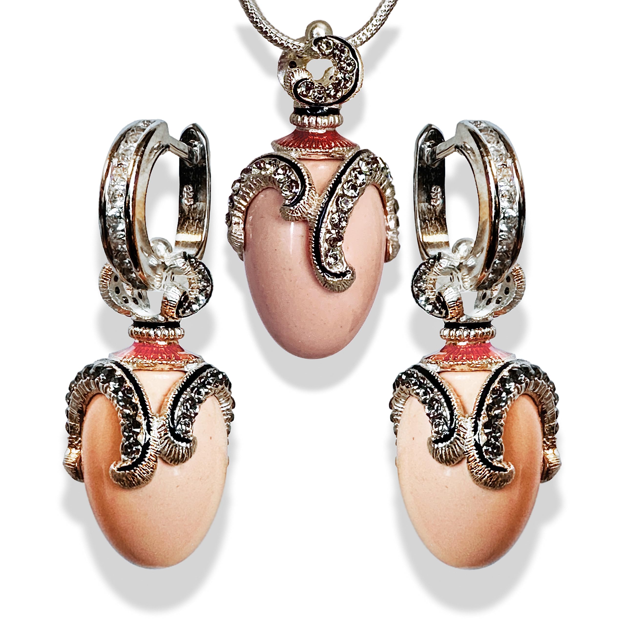 925 Sterling Silver Pink Coral Egg Earrings with Cubic Zirconia | Elegant Guilloché Enamel Hoop Earrings for Women | Perfect for Weddings, Parties & Everyday Wear