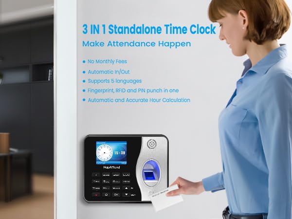 Standalone Biometric Time Clock with Fingerprint, RFID & PIN - 15 RFID Cards Included | No Monthly Fees | Perfect for Office Attendance, Employee Time Tracking & Small Business Management