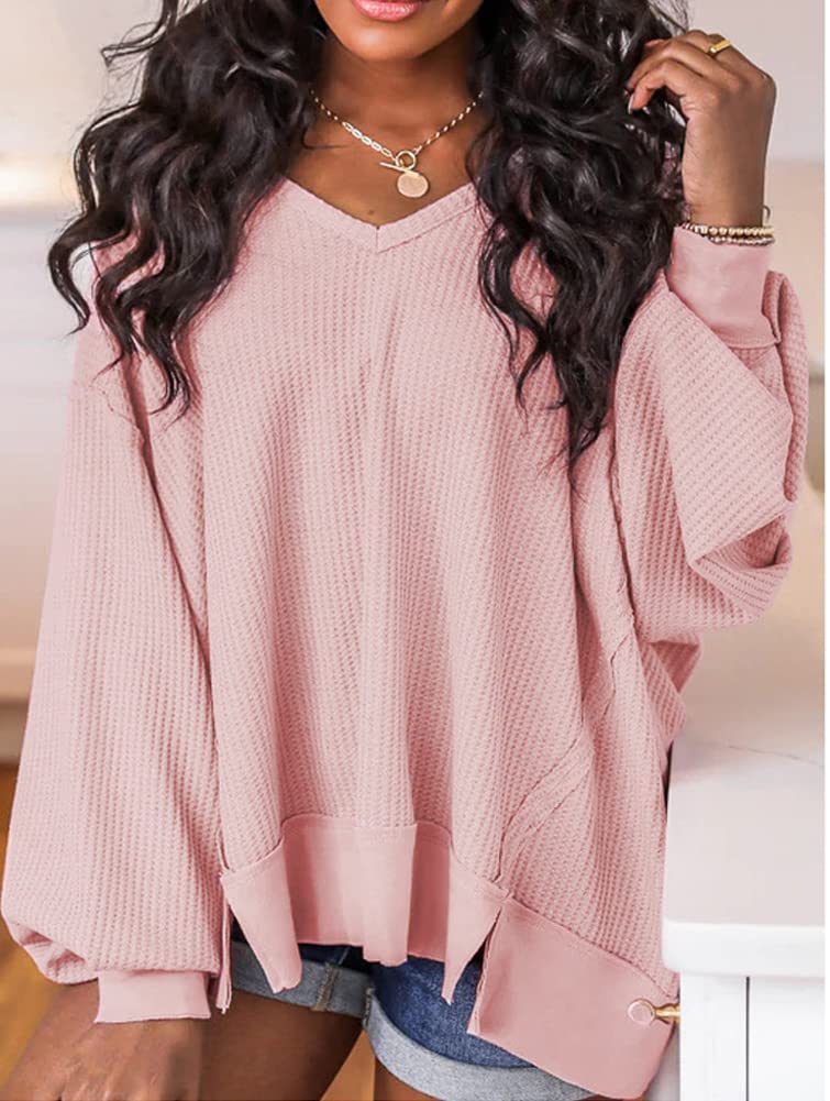 Hotmiss Women's Oversized Waffle Knit Long Sleeve Pullover Sweater - Casual Drop Shoulder Lightweight Sweatshirt for Fall & Winter, Lounge Wear, Coffee Dates, and Weekend Outings