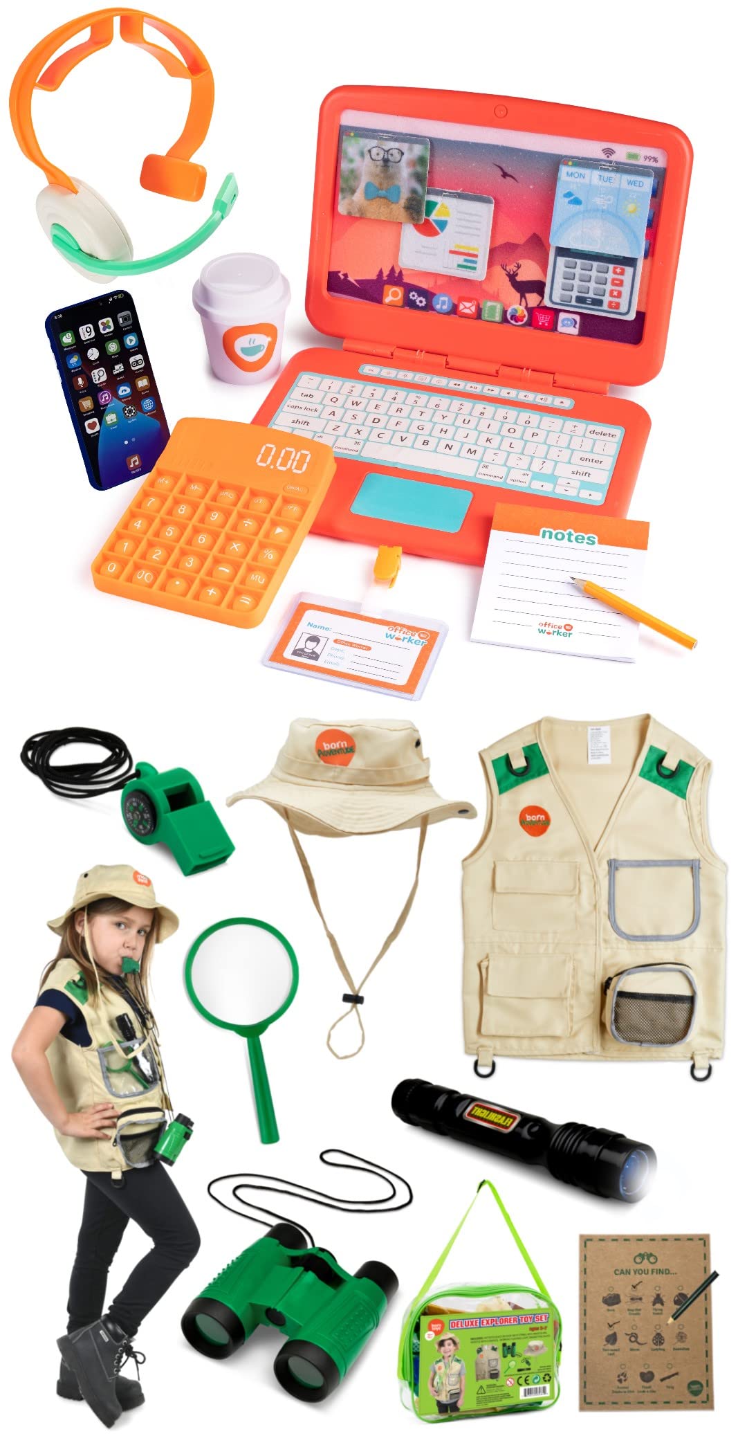 Born Toys Toddler Pretend Play Office Set & Outdoor Explorer Kit - Dress Up Costumes for Boys & Girls Ages 2-7 | Educational Role Play Toys for Kids - Perfect for Indoor Playtime & Outdoor Adventures