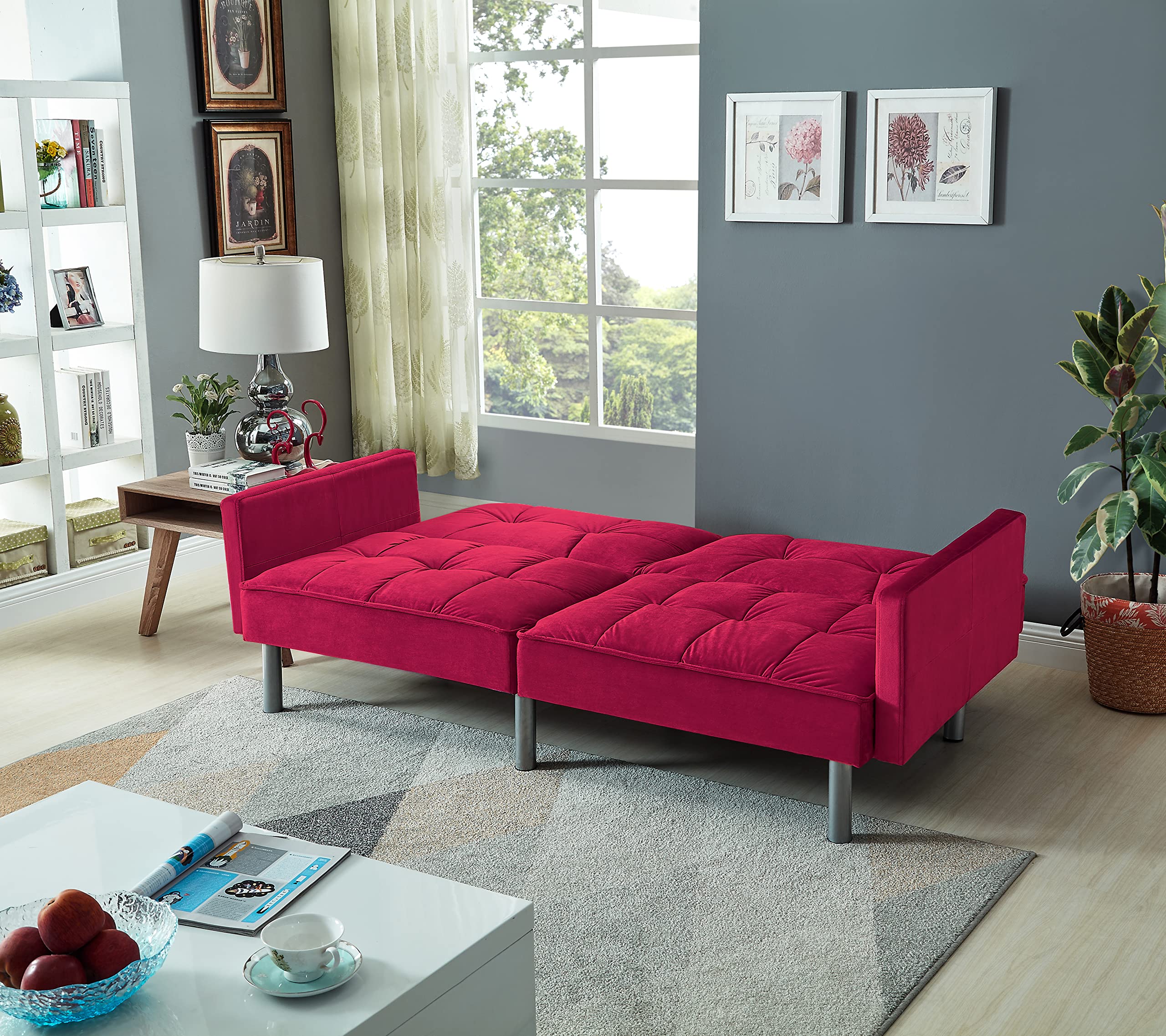 Legend Vansen Velvet Sleeper Loveseat with Pillow - Twin Size Contemporary Sofa Bed for Living Room & Bedroom - 75.5 Inch Convertible Couch in Red - Perfect for Small Spaces, Guest Rooms & Studio Apartments