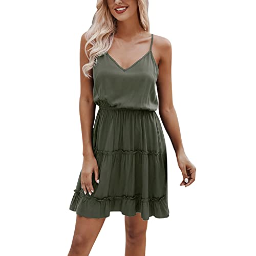 Women's Summer A-Line Mini Dress - Sleeveless Solid Color Party & Casual Dress (Army Green, Size L) | Perfect for Beach Outings, Cocktail Parties & Summer Vacations