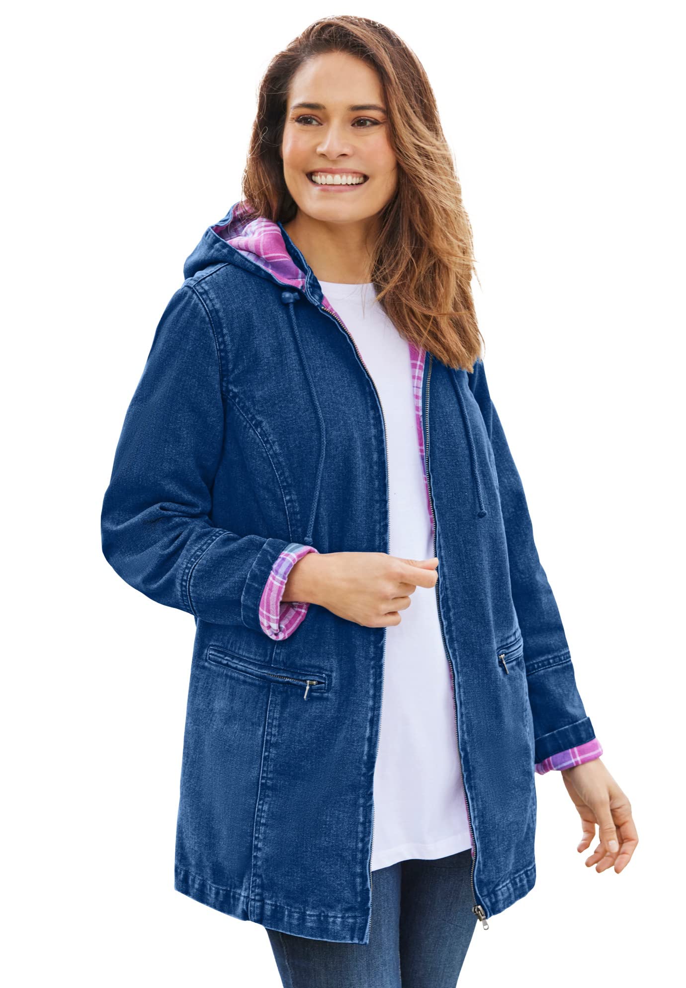 Woman Within Plus Size Flannel-Lined Denim Jacket with Removable Hood - Oversized Long Jean Coat for Women | Casual Fall & Winter Outerwear, Layering Essential