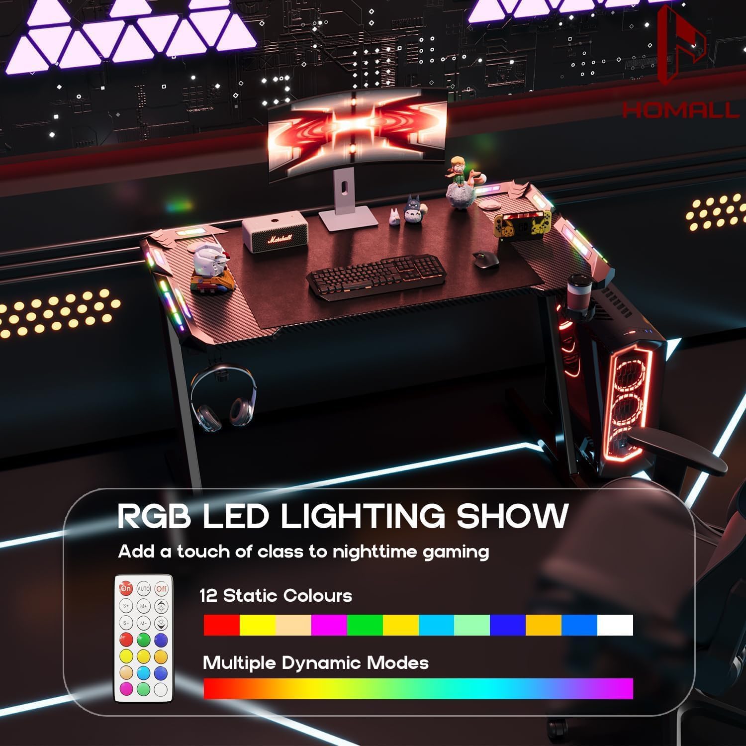 Homall 120 x 60cm RGB LED Gaming Desk - Z-Shaped Computer Desk with Headphone Hook & Cup Holder, Ergonomic Gaming Table for PC, PS5, Xbox | Perfect for Home Office, Streaming & Esports Tournaments
