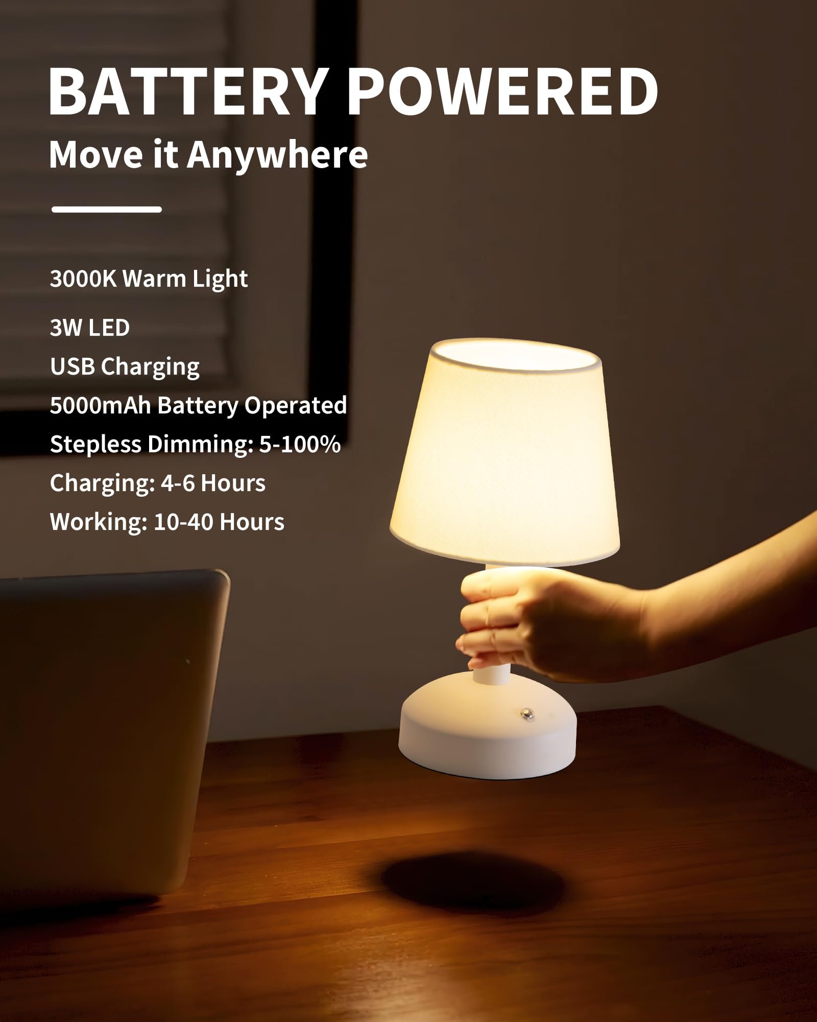 KDG Modern Cordless Small Table Lamp - Portable LED Fabric Shade Desk Lamp with 5000mAh Rechargeable Battery, Bedside Night Light for Bedroom, Living Room, Office, Dorm & Nursery (White) | Perfect for Reading, Working & Relaxing at Night