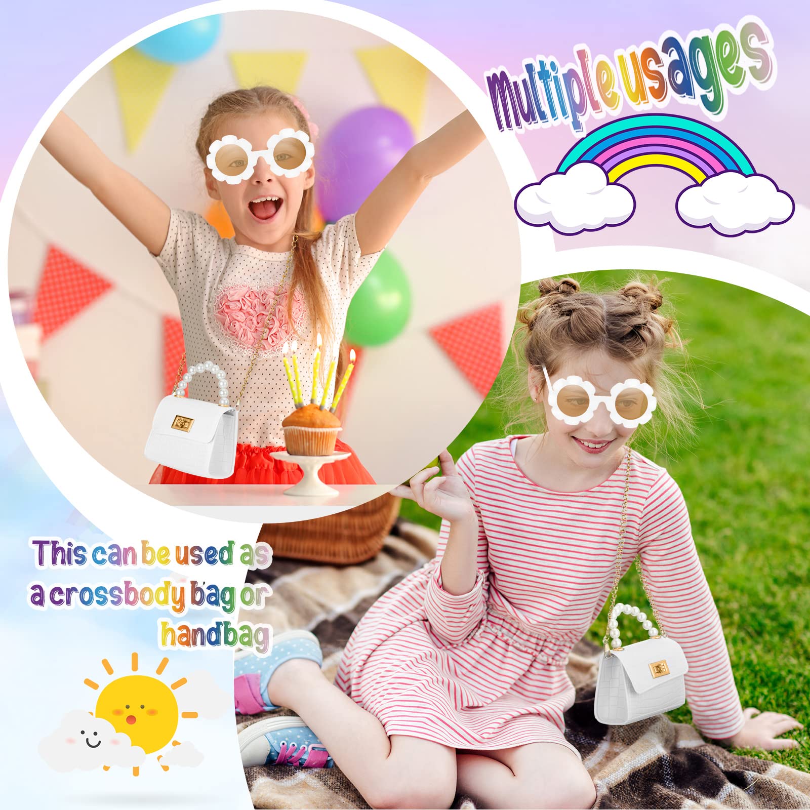 Cunno Kids Toddler Purse for Girls - Cute Mini Crossbody Bag with Flower Sunglasses | Princess Flap Handbag for Little Girls | Perfect for Dress-Up, Birthday Gifts & Pretend Play